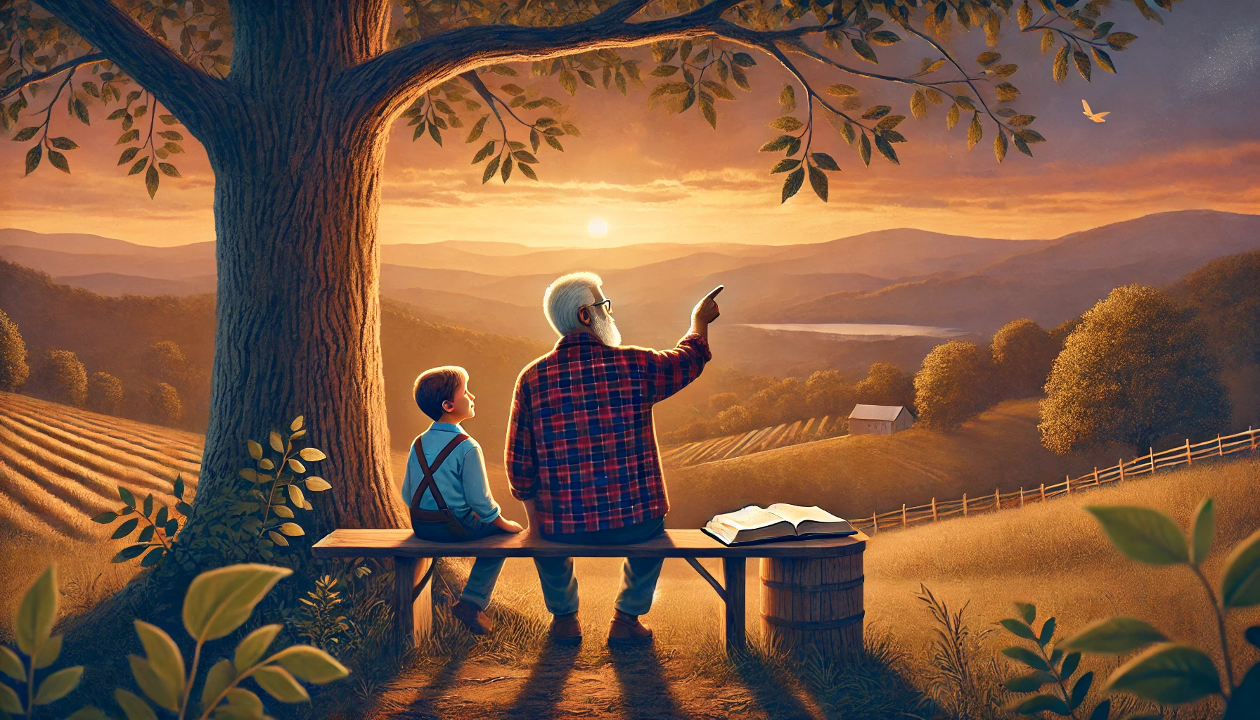 A grandparent and grandchild outdoors, sharing stories of God's faithfulness under a golden sunset.