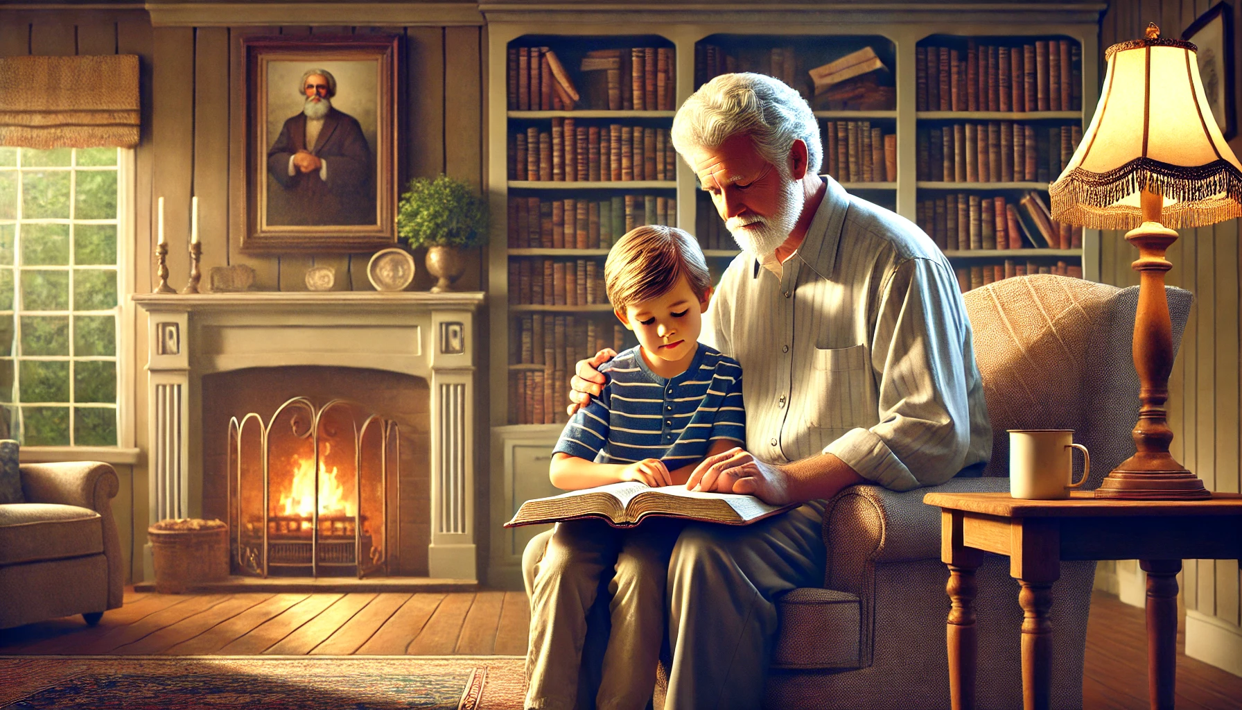 A grandparent teaching their grandchild to read the Bible in a cozy living room.