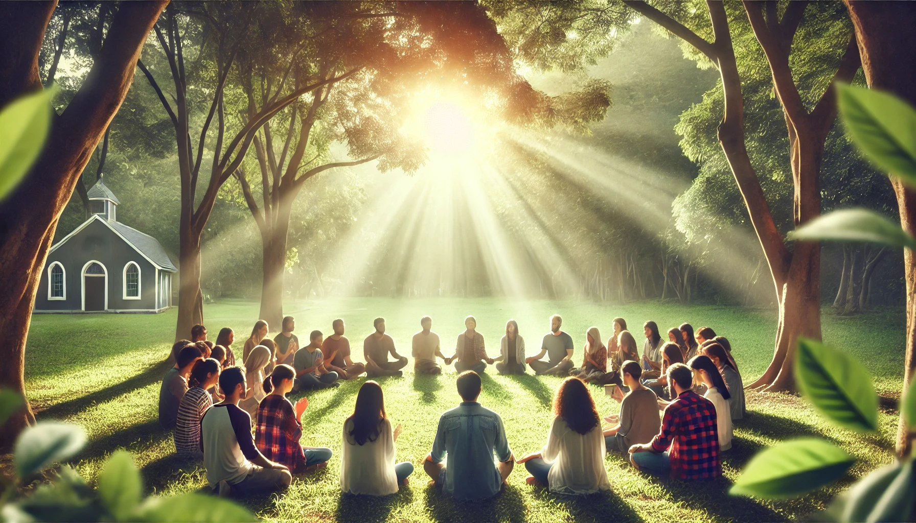 A group of diverse people sitting in a circle outdoors in prayer, with soft sunlight filtering through trees.