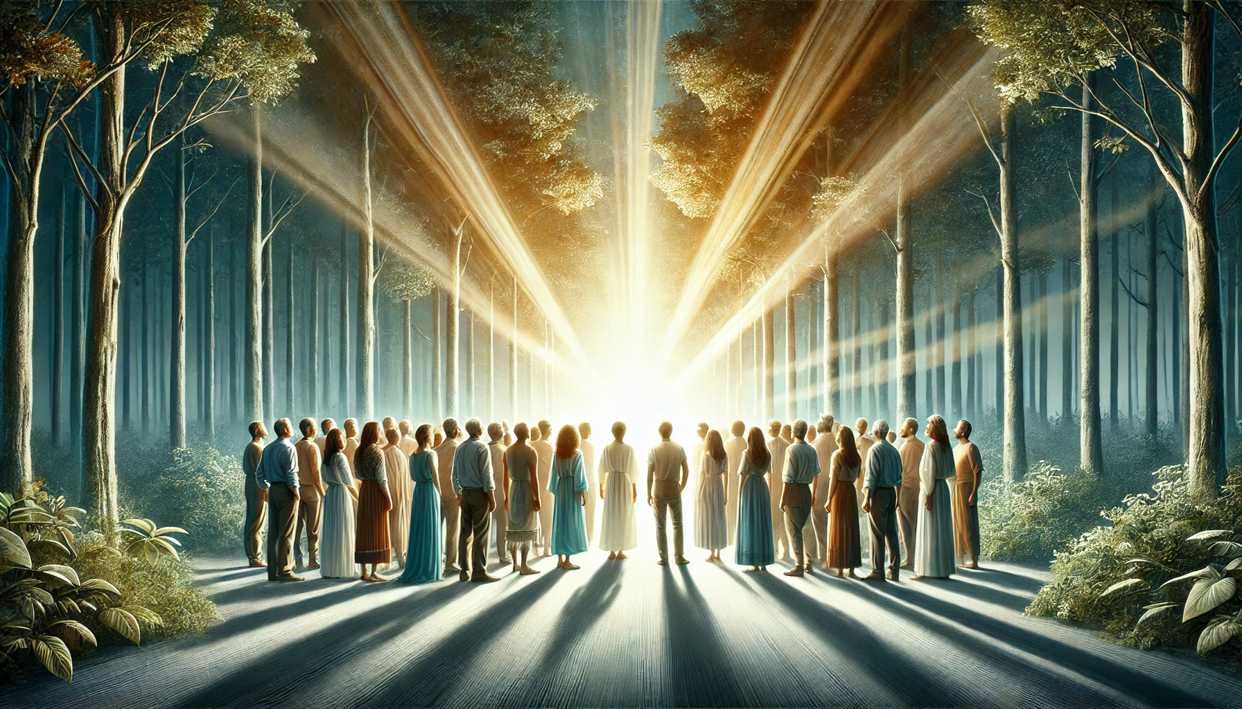 A group of diverse people standing together at the edge of a glowing forest.