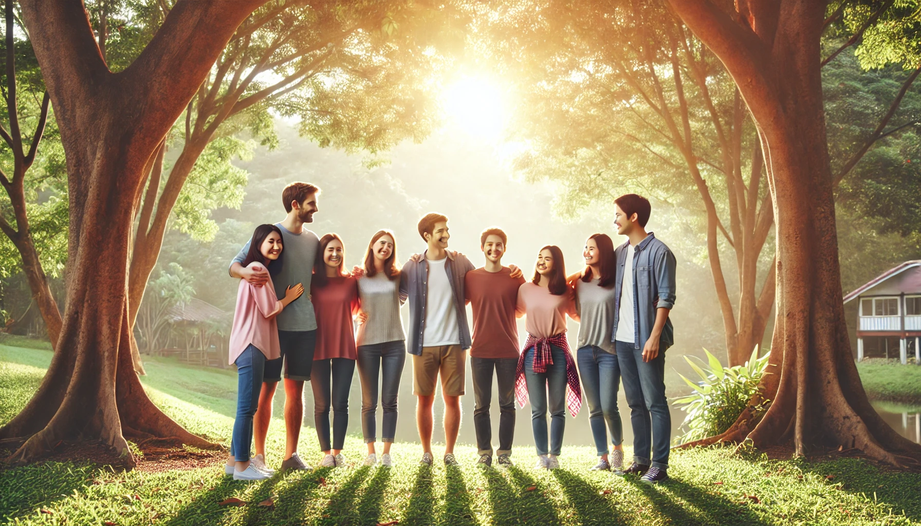 A group of people standing together in a serene outdoor setting.