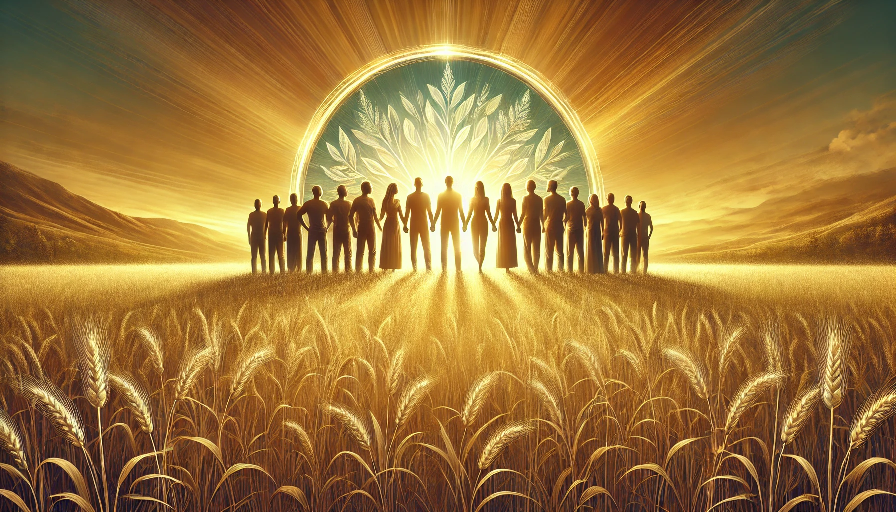 A group of people standing united in a golden field under a radiant sunrise.