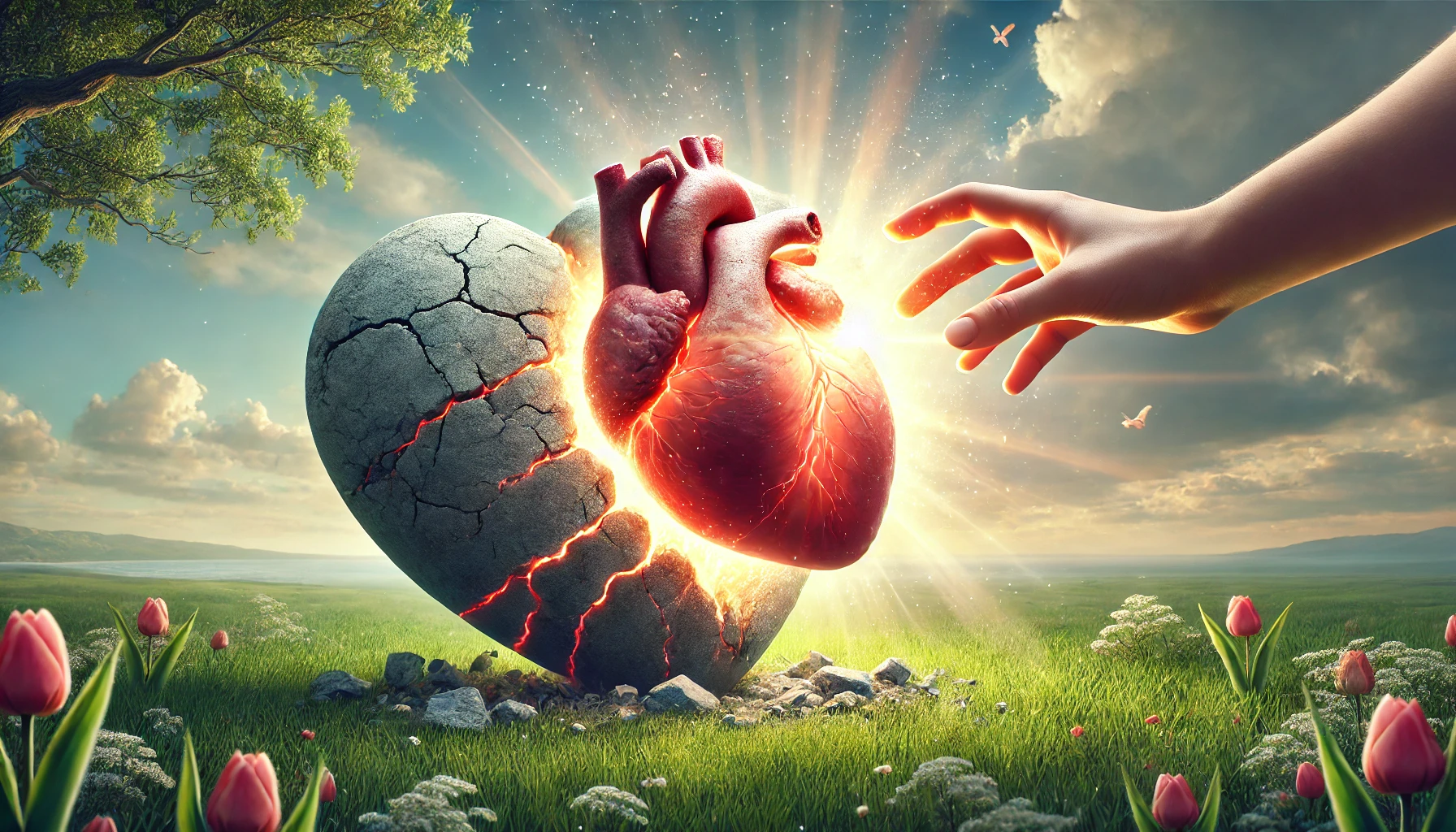 A heart-shaped stone being replaced by a glowing, vibrant heart of flesh.