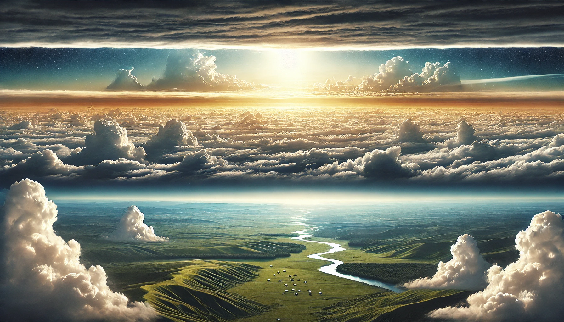 A horizontal photorealistic depiction of a vast and serene sky filled with layers of clouds at varying altitudes. The lower section shows an expansive