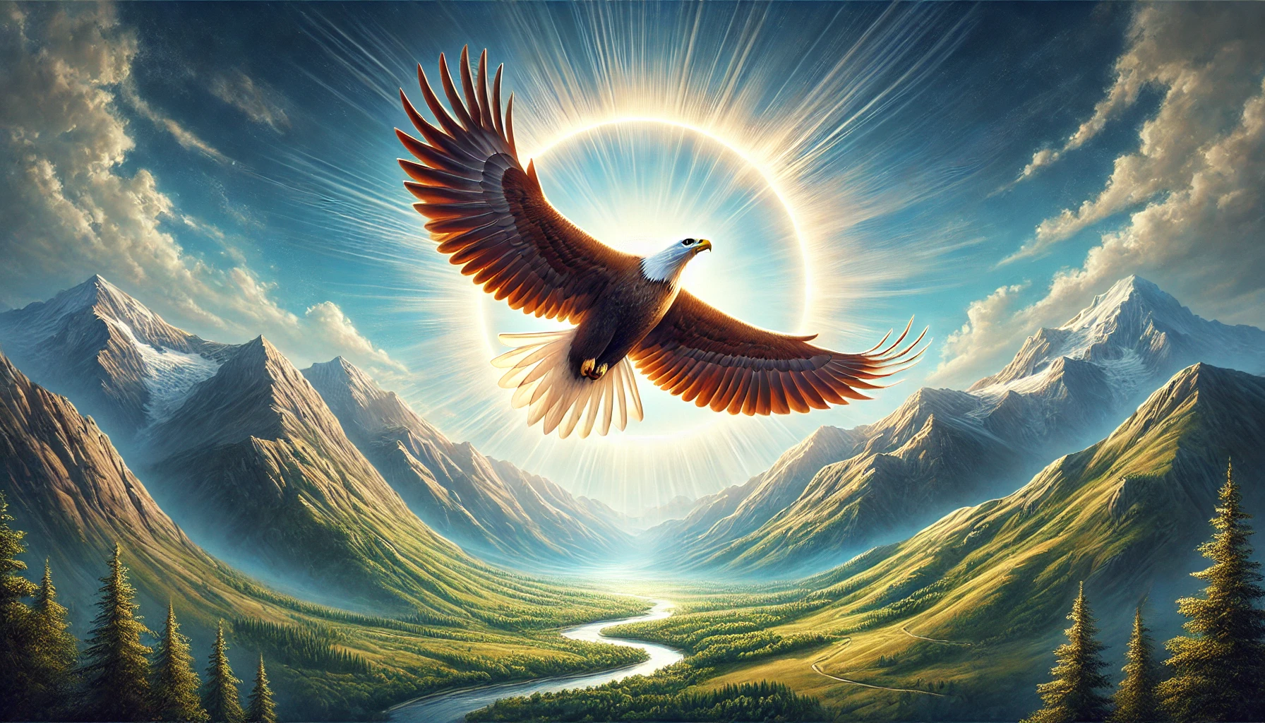 A horizontal photorealistic depiction of an eagle soaring majestically in a clear blue sky above a sunlit mountain range. The eagle is captured mid-fl