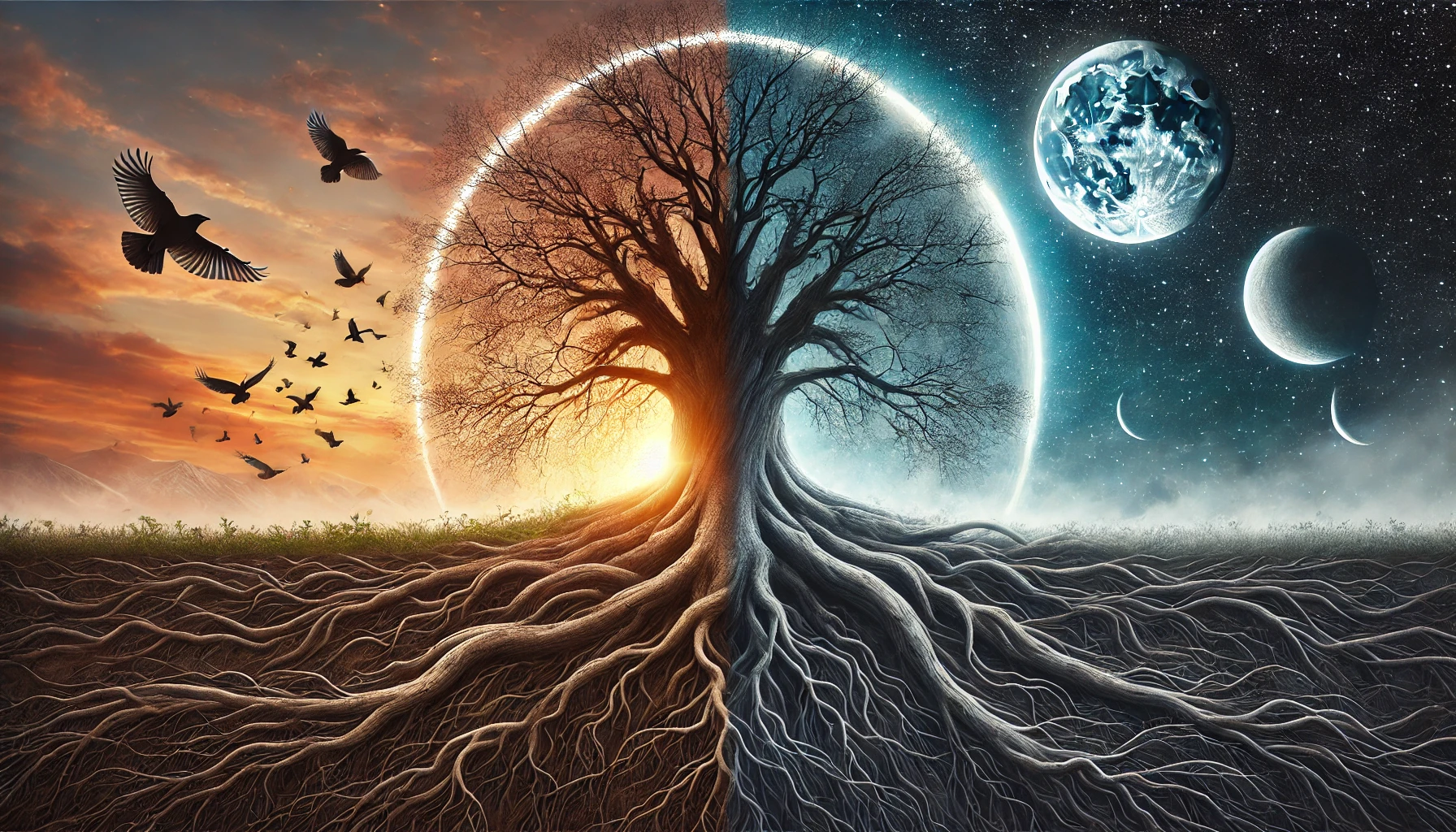 A horizontal, photorealistic depiction of time and nature, showing a large ancient tree in the center with its roots deeply embedded in the earth. The