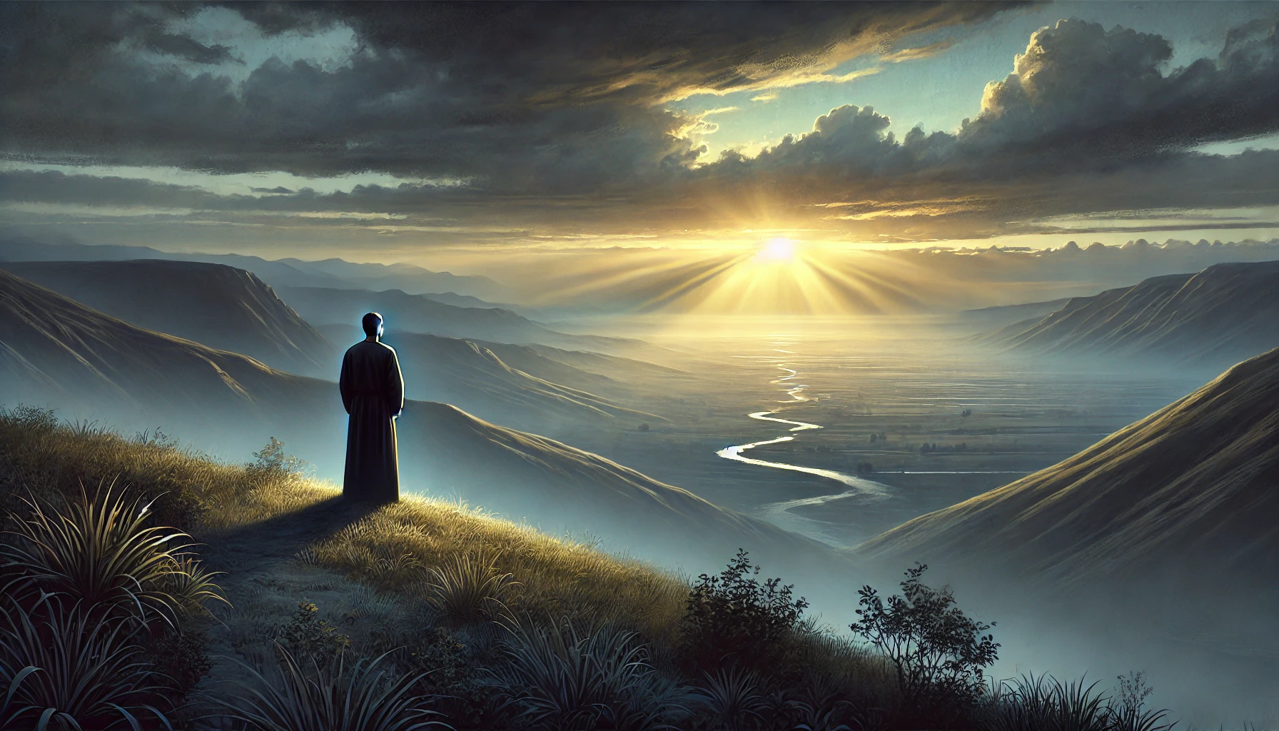 A horizontal photorealistic illustration showing a peaceful figure standing on a hill at dawn, gazing toward the horizon where the first rays of sunli