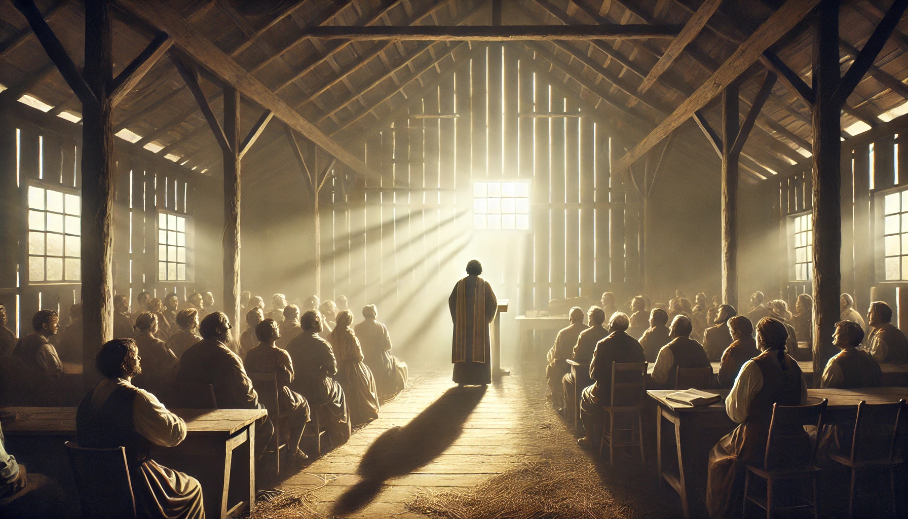 A humble preacher standing before a small congregation in a rustic setting.