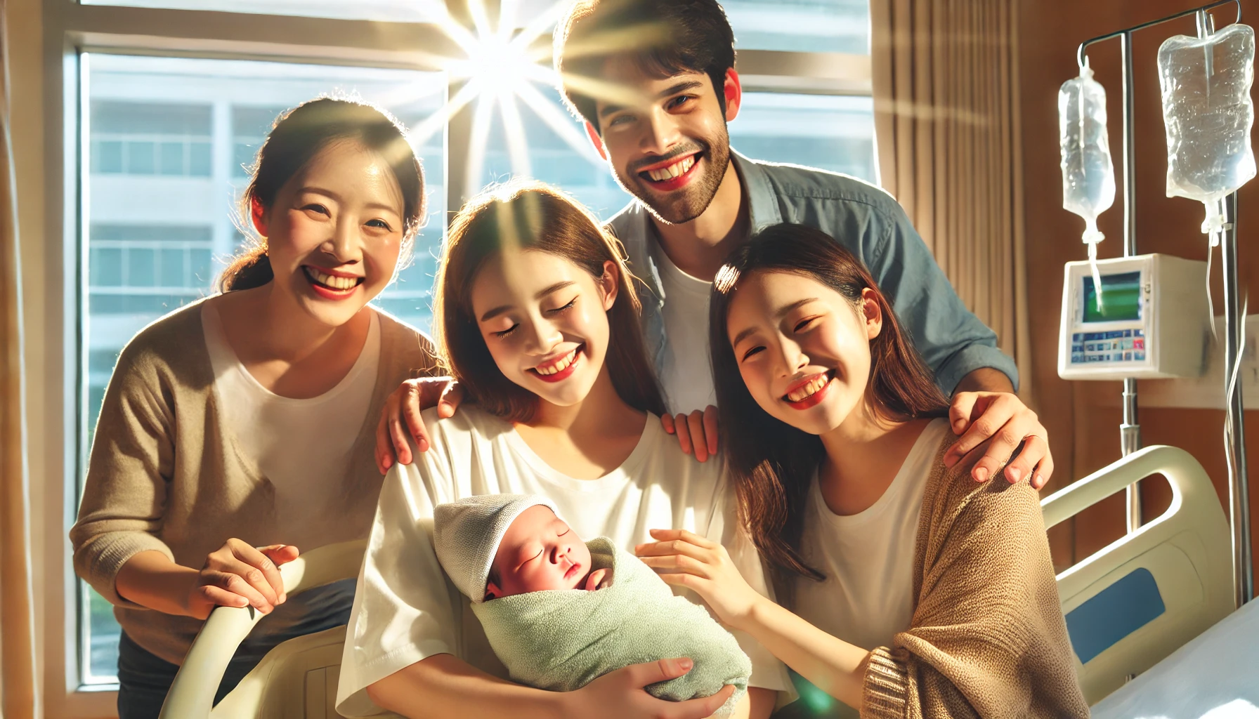 A joyful family gathered around a newborn baby in a hospital room.