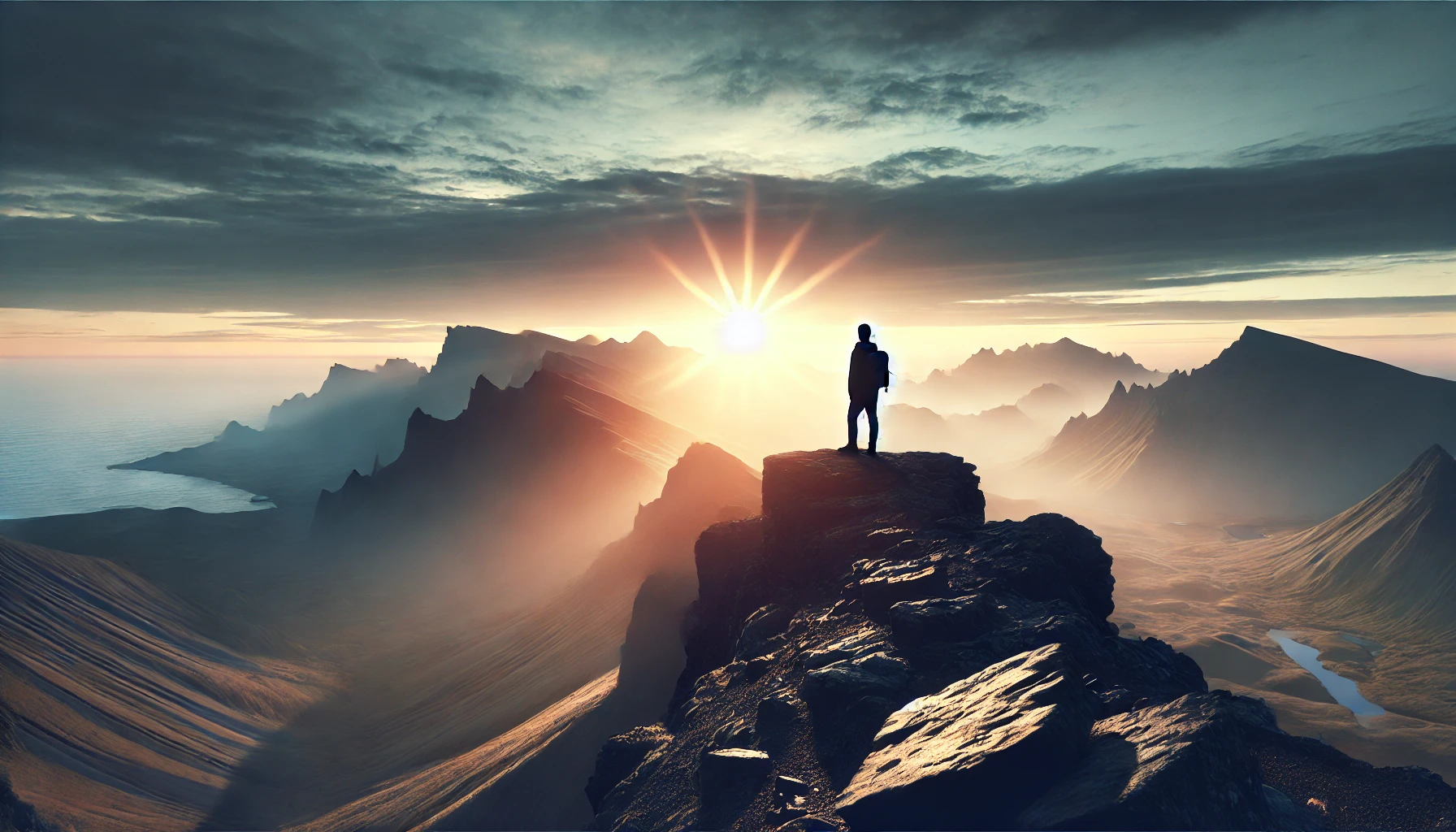 A lone person standing on a rugged cliff edge with a sunrise behind them.