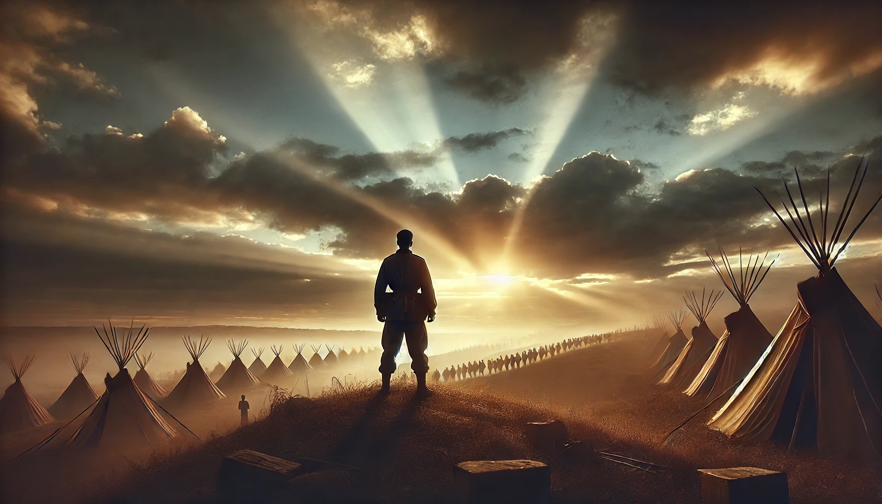 A lone soldier standing confidently on a hilltop at dawn, facing an encampment of enemies.