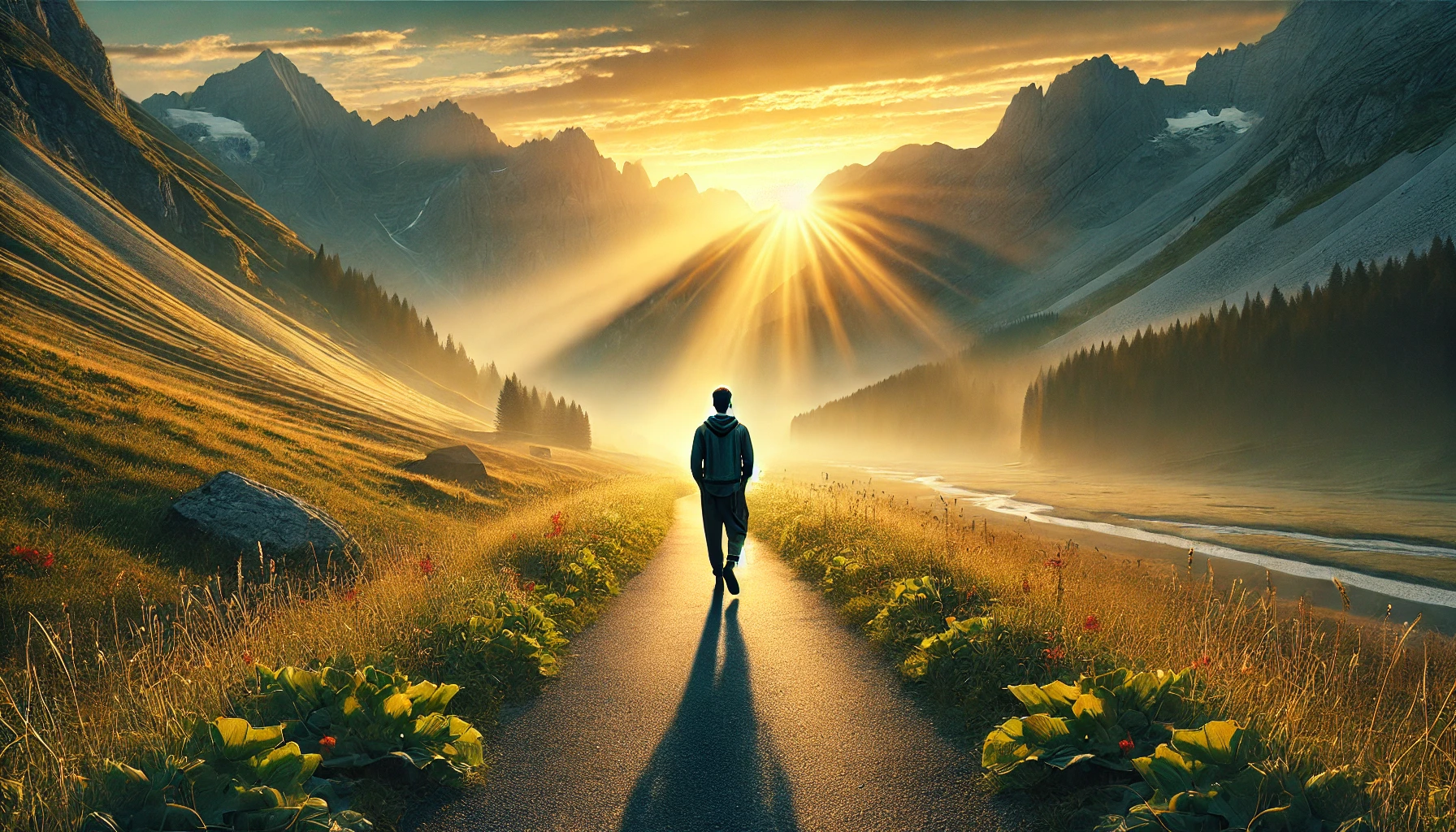 A lone traveler walking along a tranquil mountain trail at dawn, with golden sunlight.