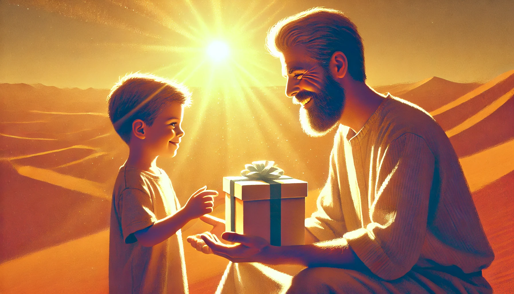 A loving father giving a beautifully wrapped gift to a smiling child under warm sunlight.