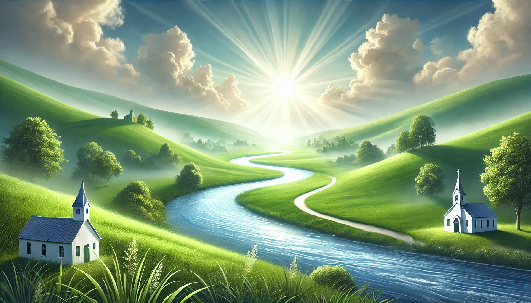 A lush green valley with a winding river flowing gently under a bright morning sky.