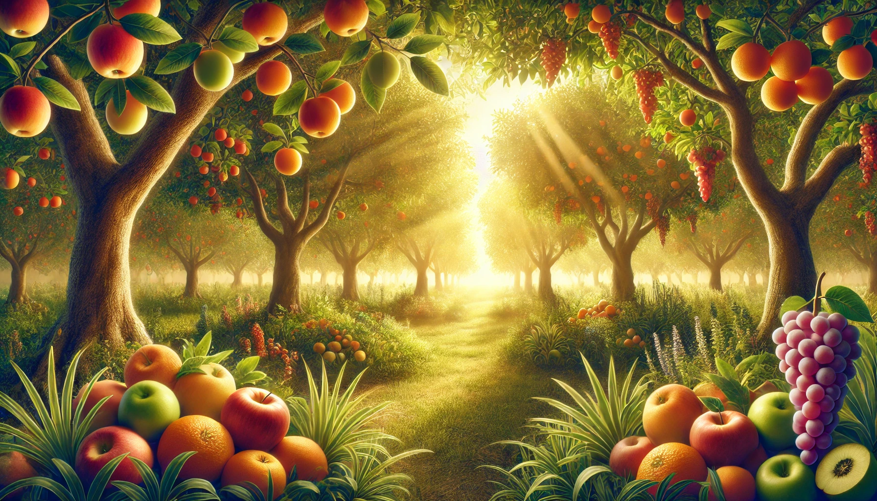 A lush orchard with various fruit-bearing trees, each laden with colorful, ripe fruits.