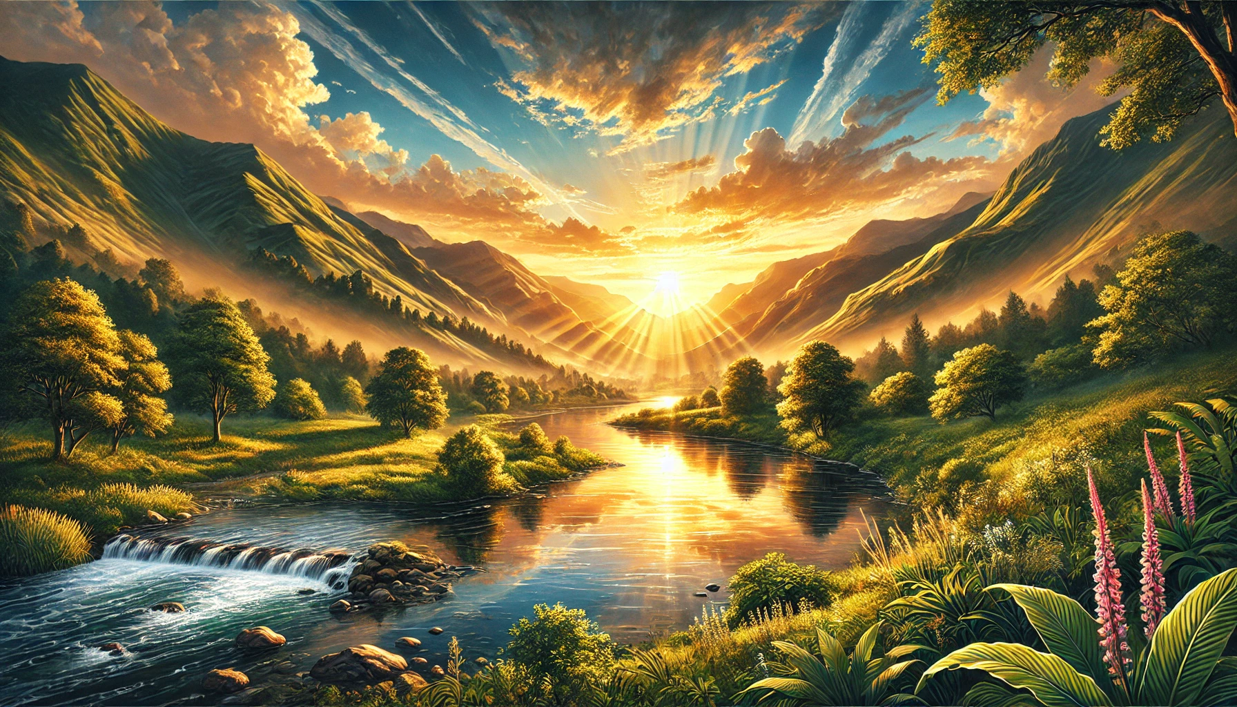 A lush valley with a river reflecting the golden hues of sunset, surrounded by mountains.