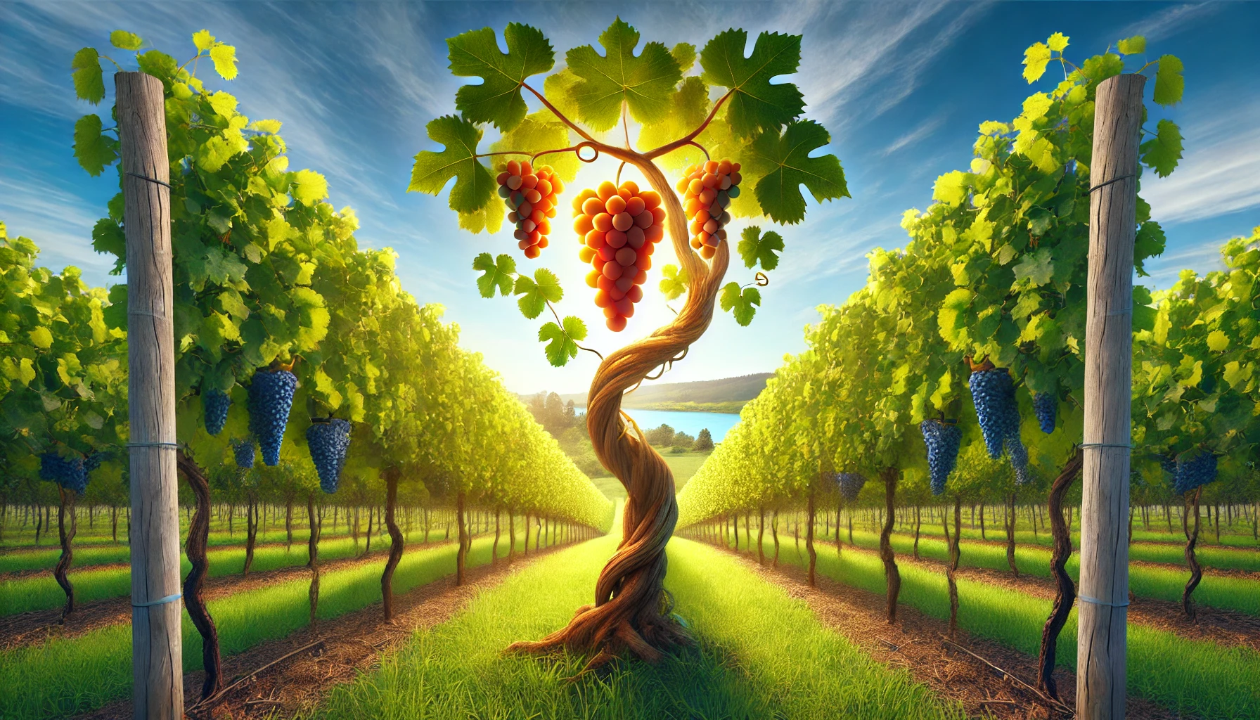 A lush vineyard with a vibrant blue sky, showcasing a vine filled with ripe grapes.