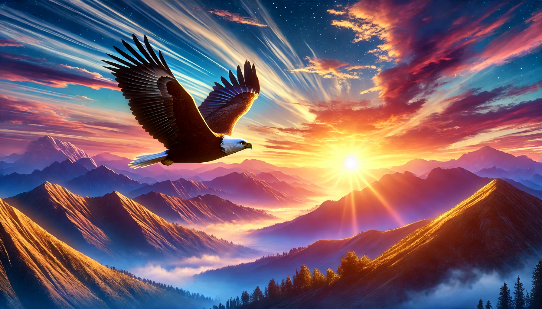 A majestic eagle soaring high above a mountainous landscape at sunrise.