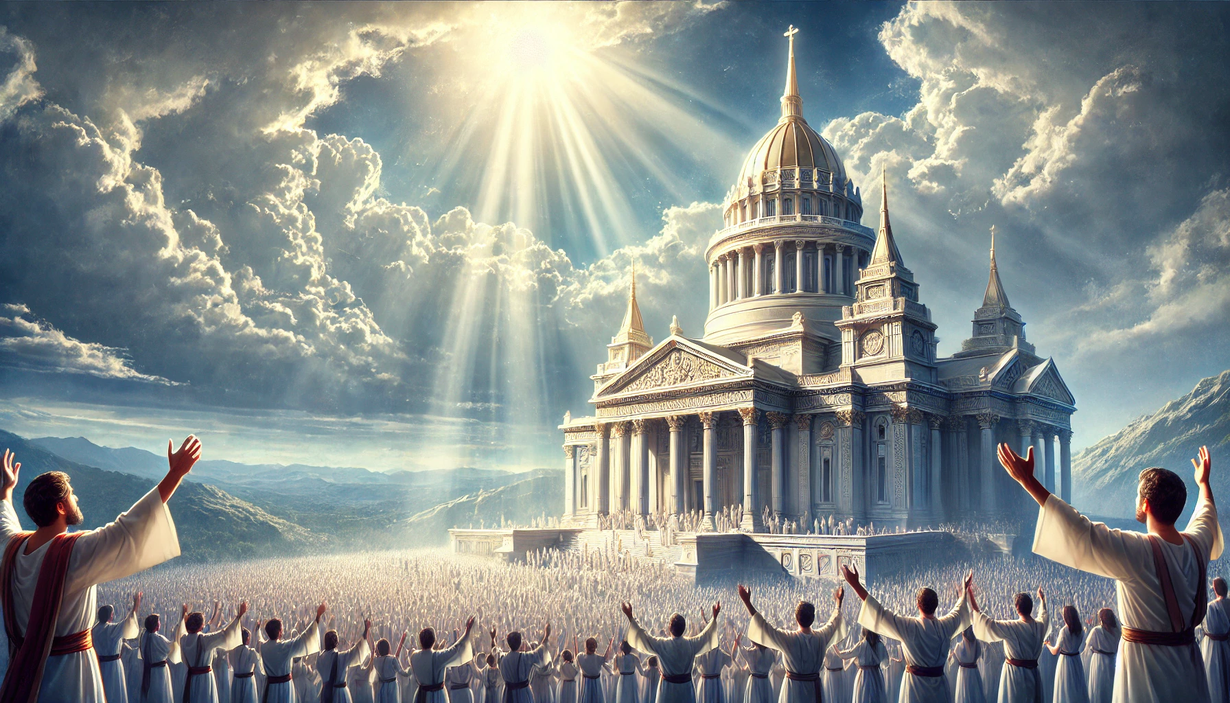 A majestic temple surrounded by worshippers dressed in white, raising their hands in reverence.