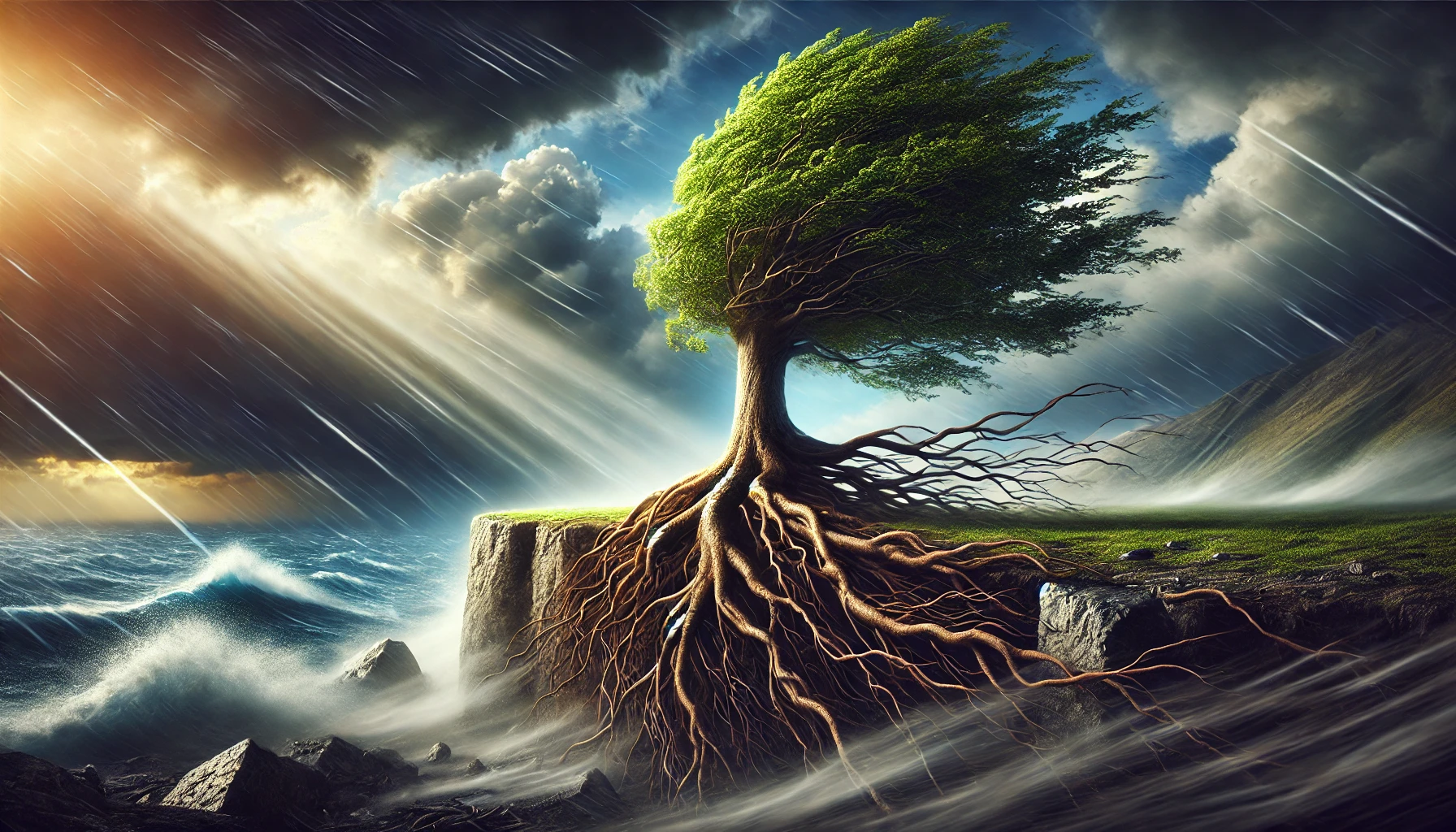 A mighty tree with deep roots gripping a rocky foundation, standing tall against strong winds in a stormy landscape.