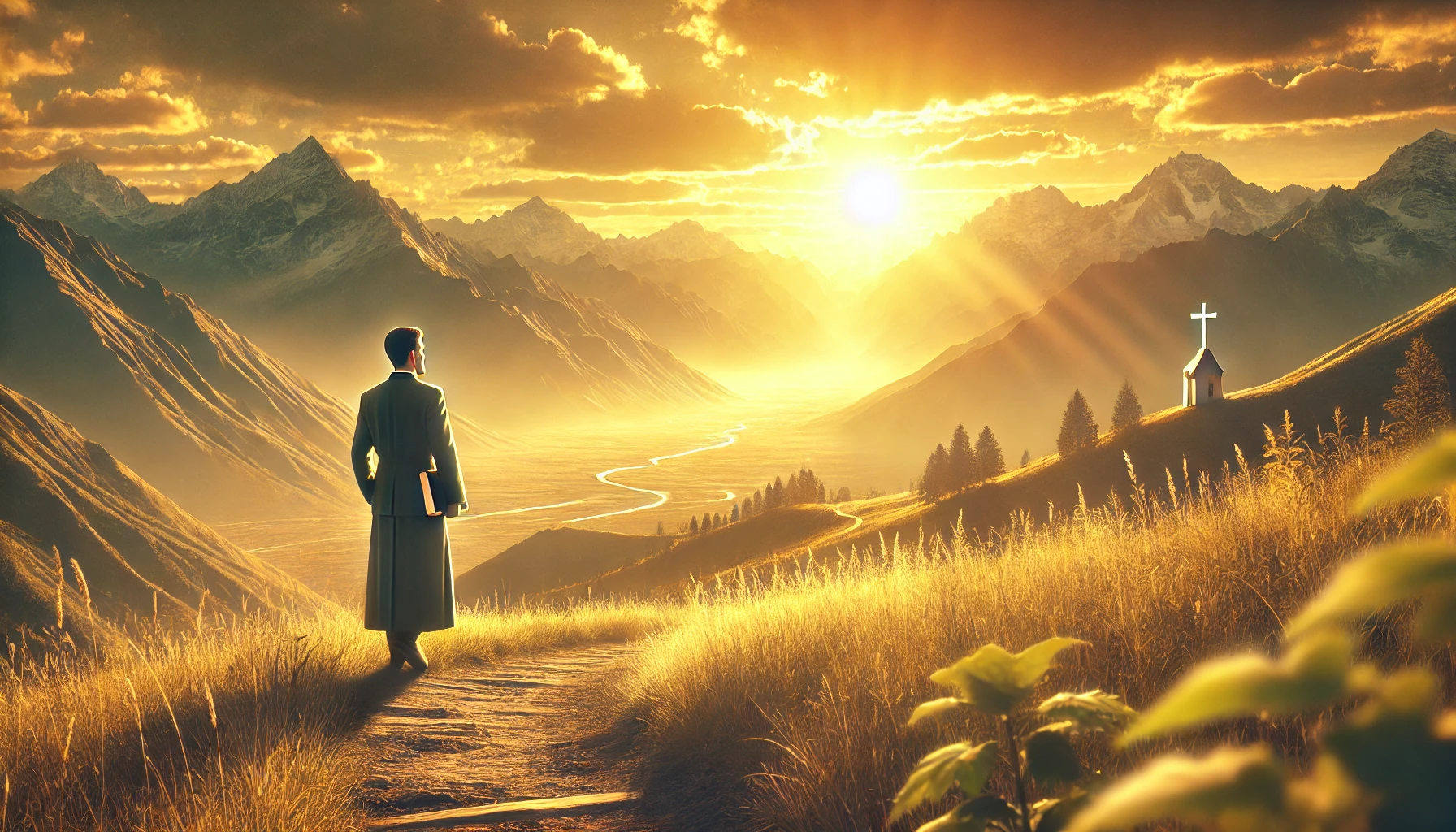 A missionary walking on a mountain path at sunset, carrying a Bible and gazing into the horizon.