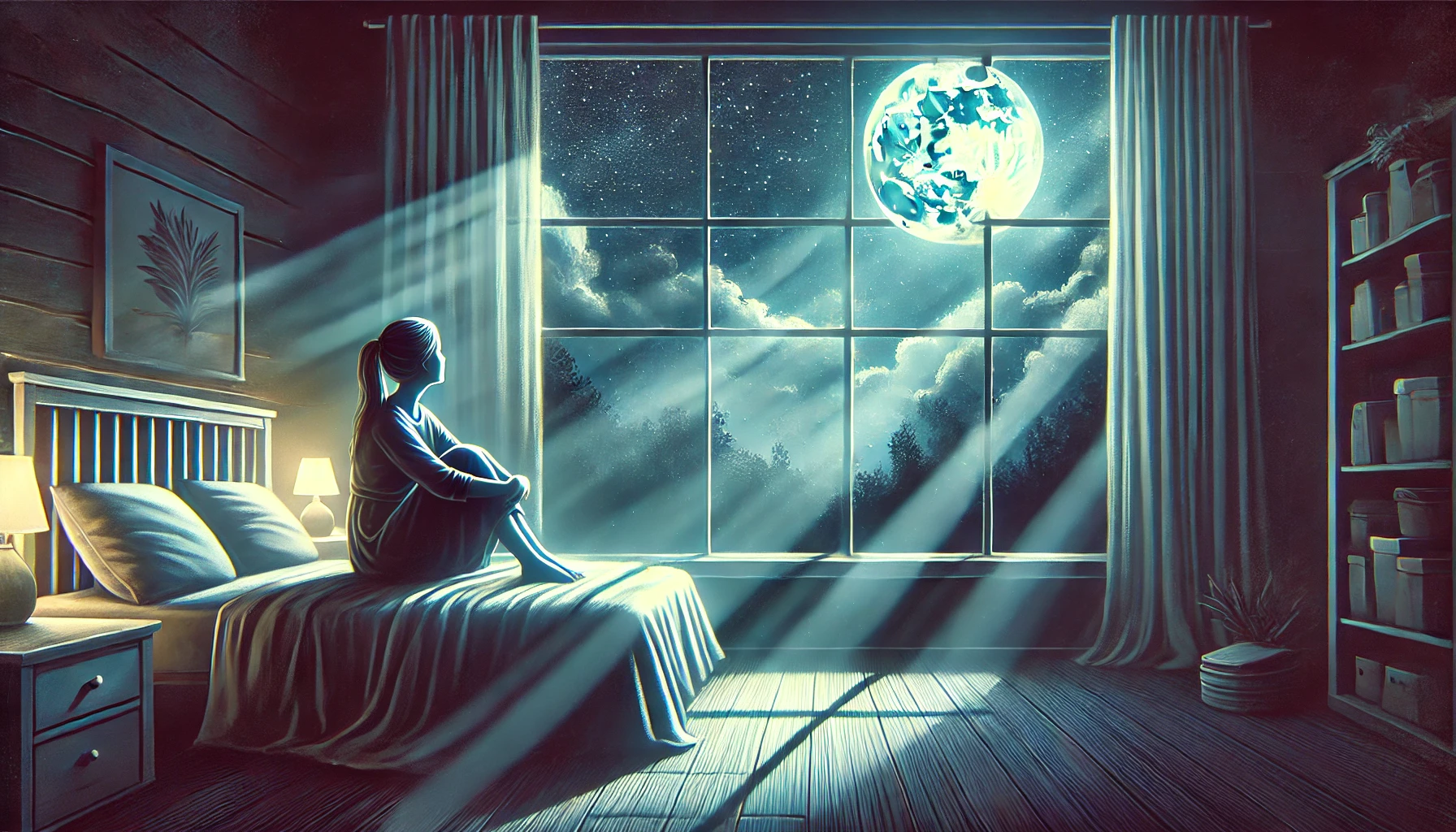 A nighttime scene showing a peaceful bedroom with soft moonlight streaming through the window. A person sit on their bed staring at the moon.