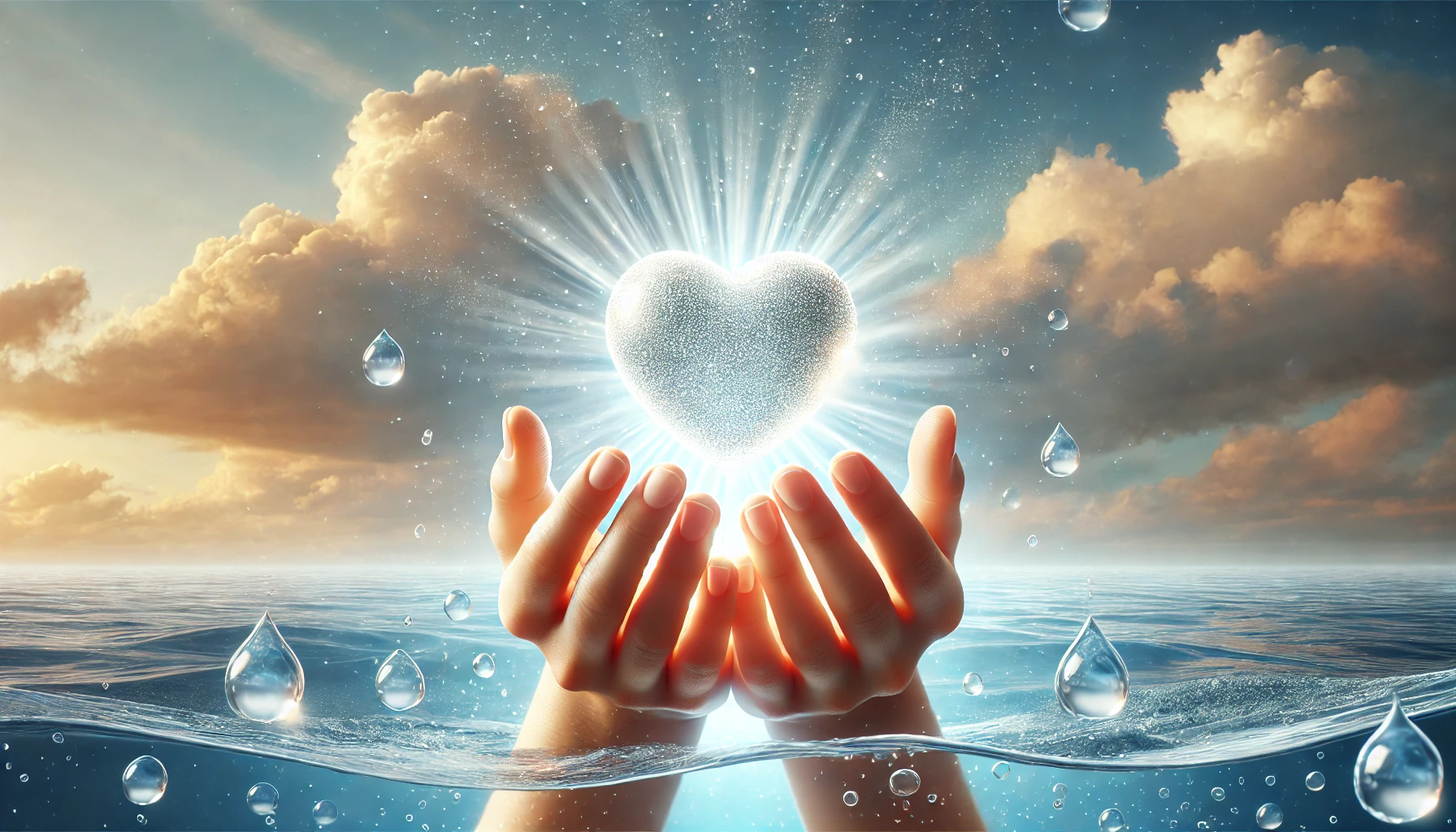 A pair of hands gently holding a luminous heart surrounded by droplets of pure water.