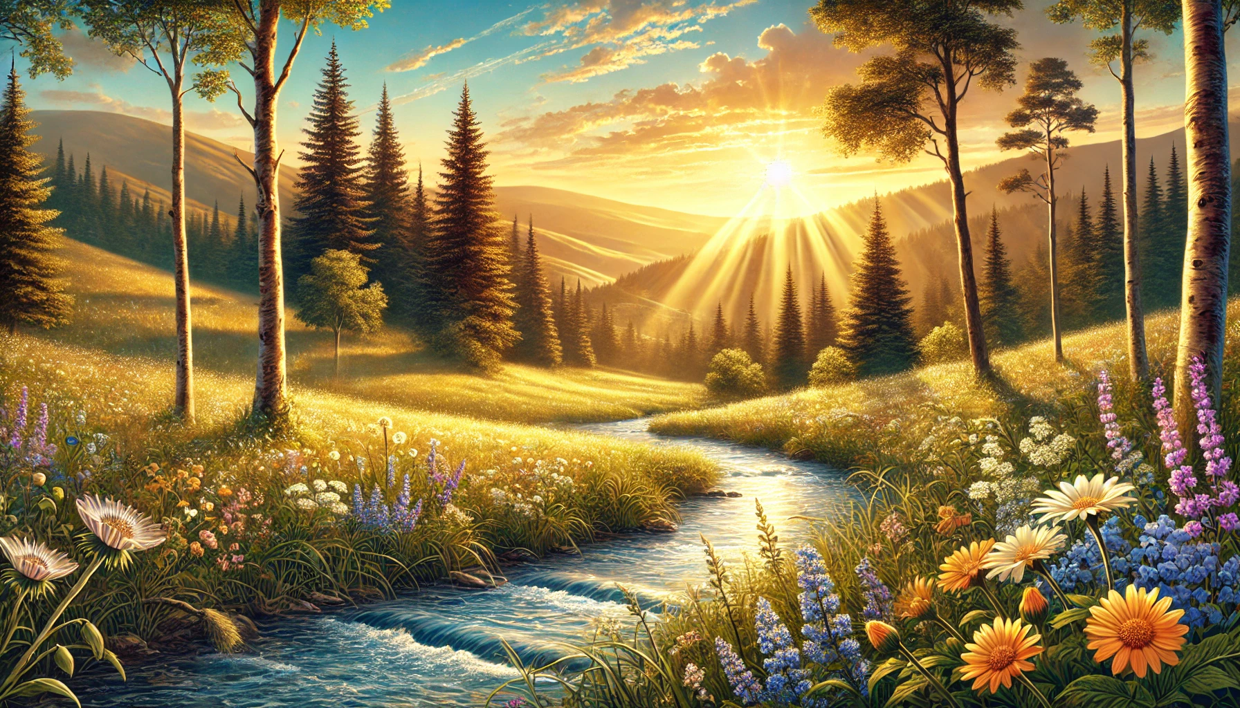 A panoramic illustration of a peaceful meadow at sunset, with golden light streaming through tall trees, rolling hills in the distance, and a crystal-