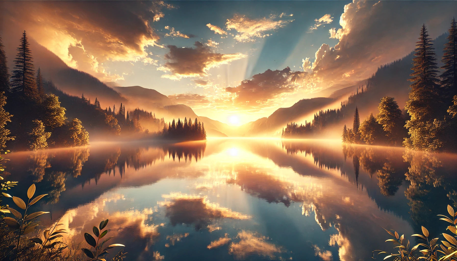 A panoramic, photo-realistic image of a sunrise over a calm, reflective lake surrounded by mountains and trees. The sky is painted in soft hues of ora