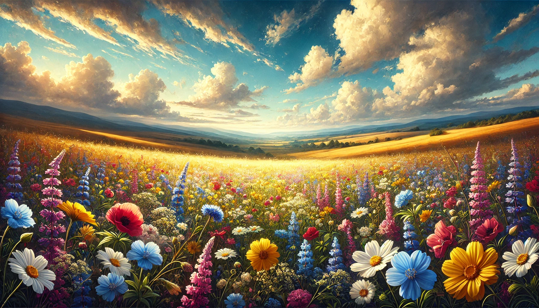 A panoramic, photo-realistic image of an open field of wildflowers under a bright blue sky with soft, fluffy clouds. The flowers are colorful, with sh