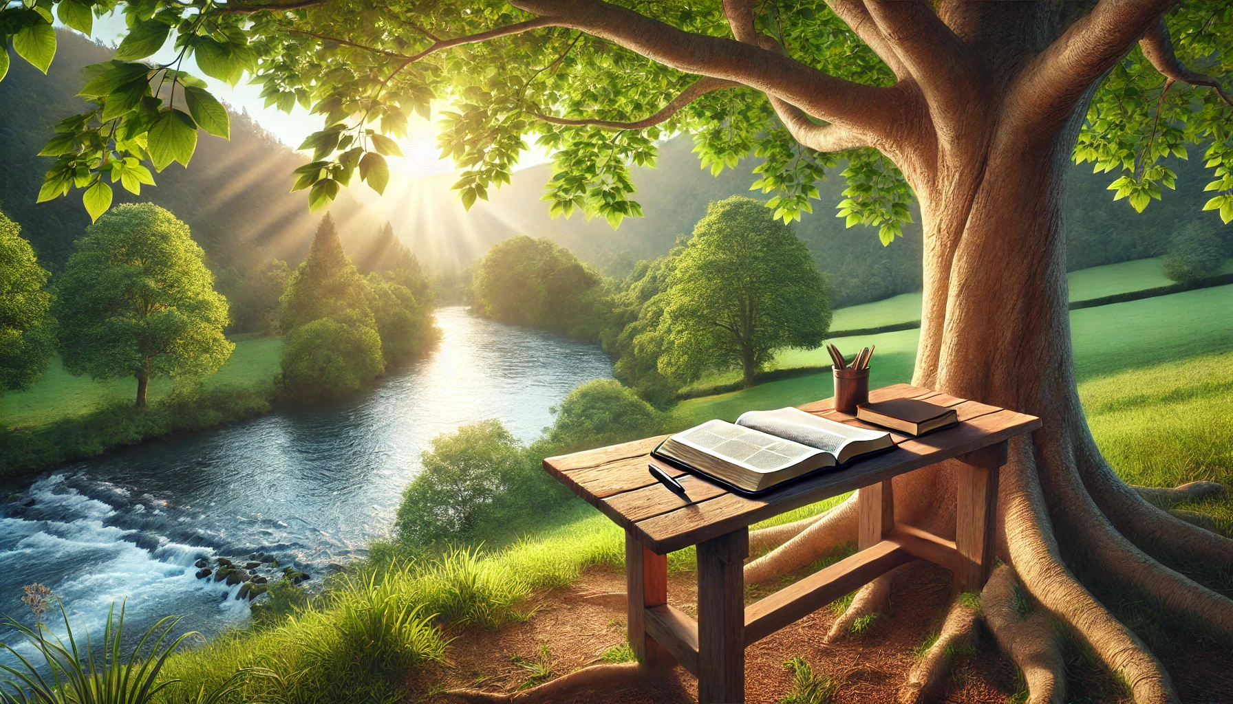 A panoramic photo-realistic scene of a serene countryside with a tree-shaded bench overlooking a sparkling river. On the bench, an open Bible sits nex