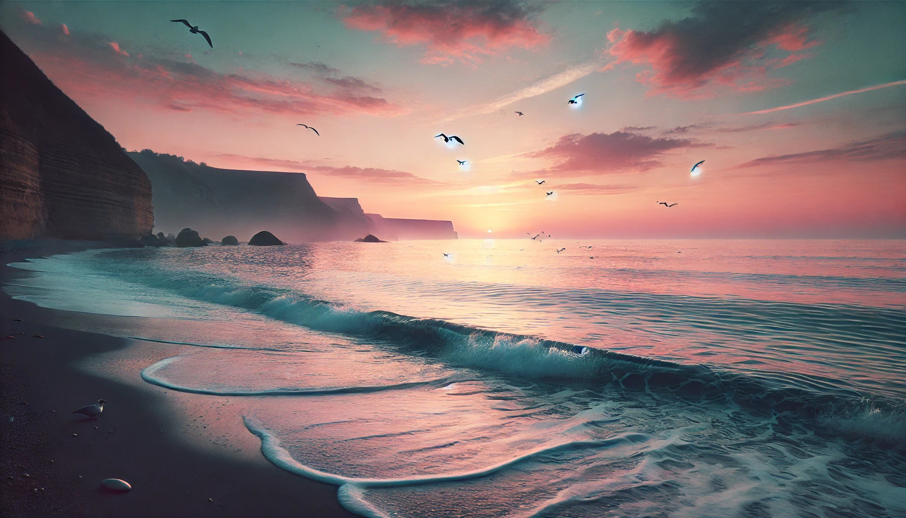 A panoramic view of a tranquil seaside at dawn, with waves gently lapping the shore and a soft pink and orange sky overhead. Seagulls fly above the wa