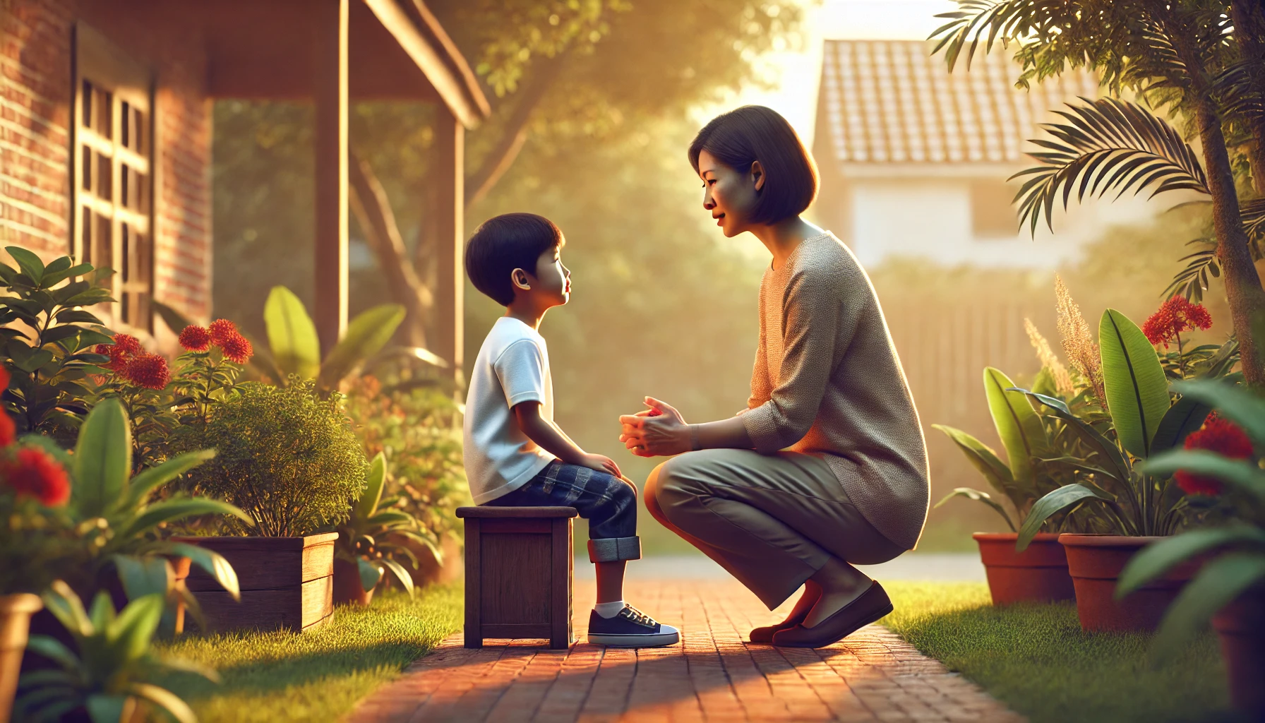 A parent lovingly correcting a child in a peaceful outdoor environment, like a backyard or park.