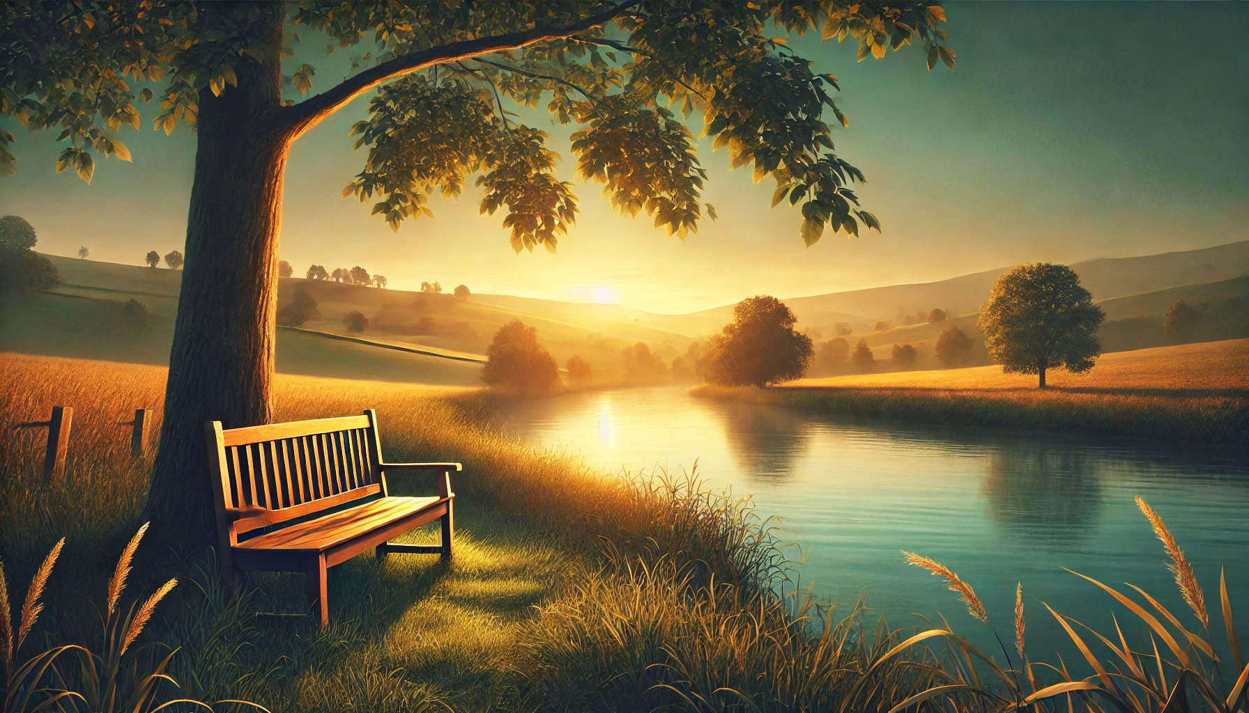 A peaceful countryside scene at sunset.