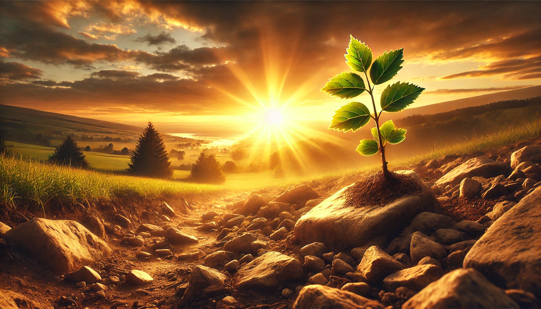 A peaceful countryside with a radiant golden sunset. A small sapling grows from rocky ground in the foreground.