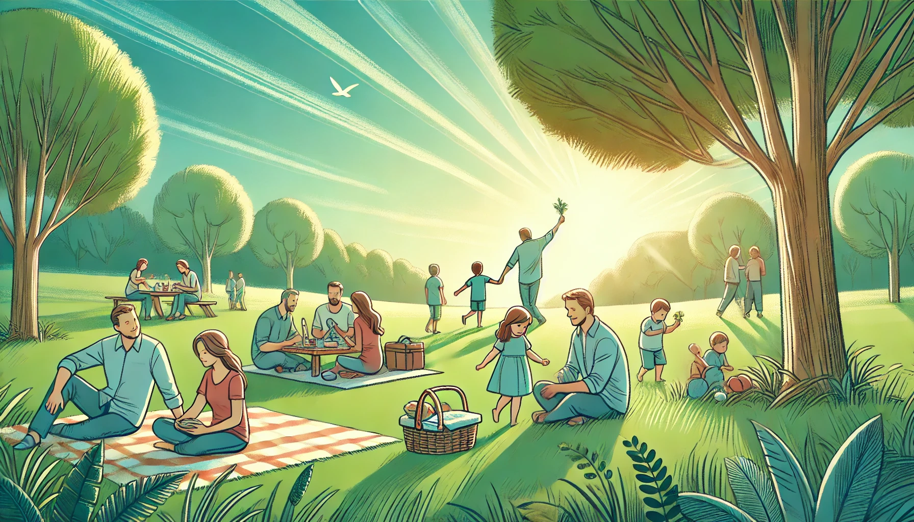 A peaceful family picnic in a lush green park with parents and children playing and enjoying each other's company.