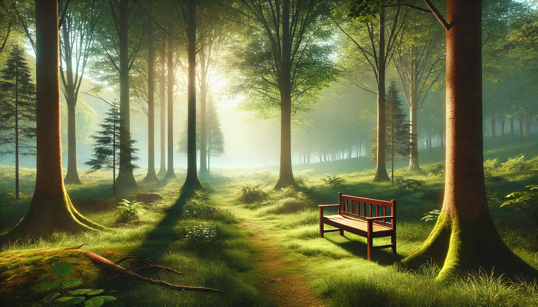 A peaceful forest clearing with soft morning light streaming through the trees, casting gentle shadows on a grassy area.