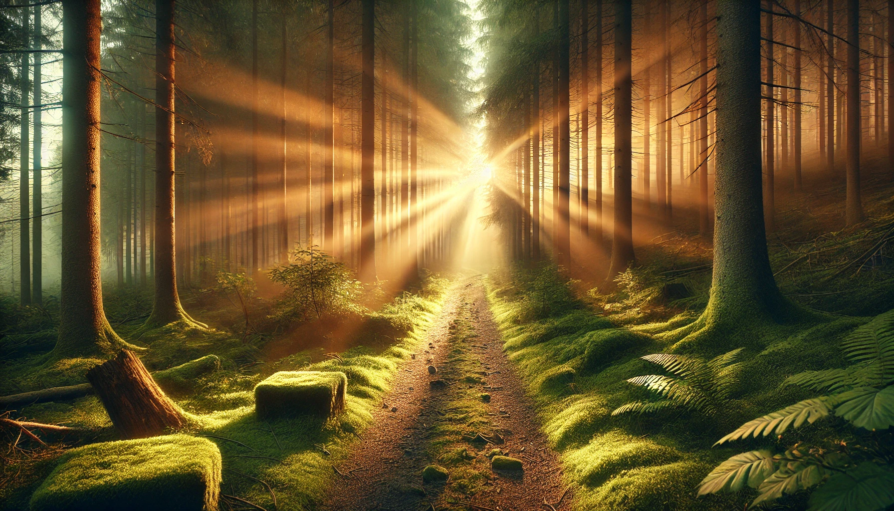 A peaceful forest path at dawn, with rays of sunlight breaking through the tall trees.