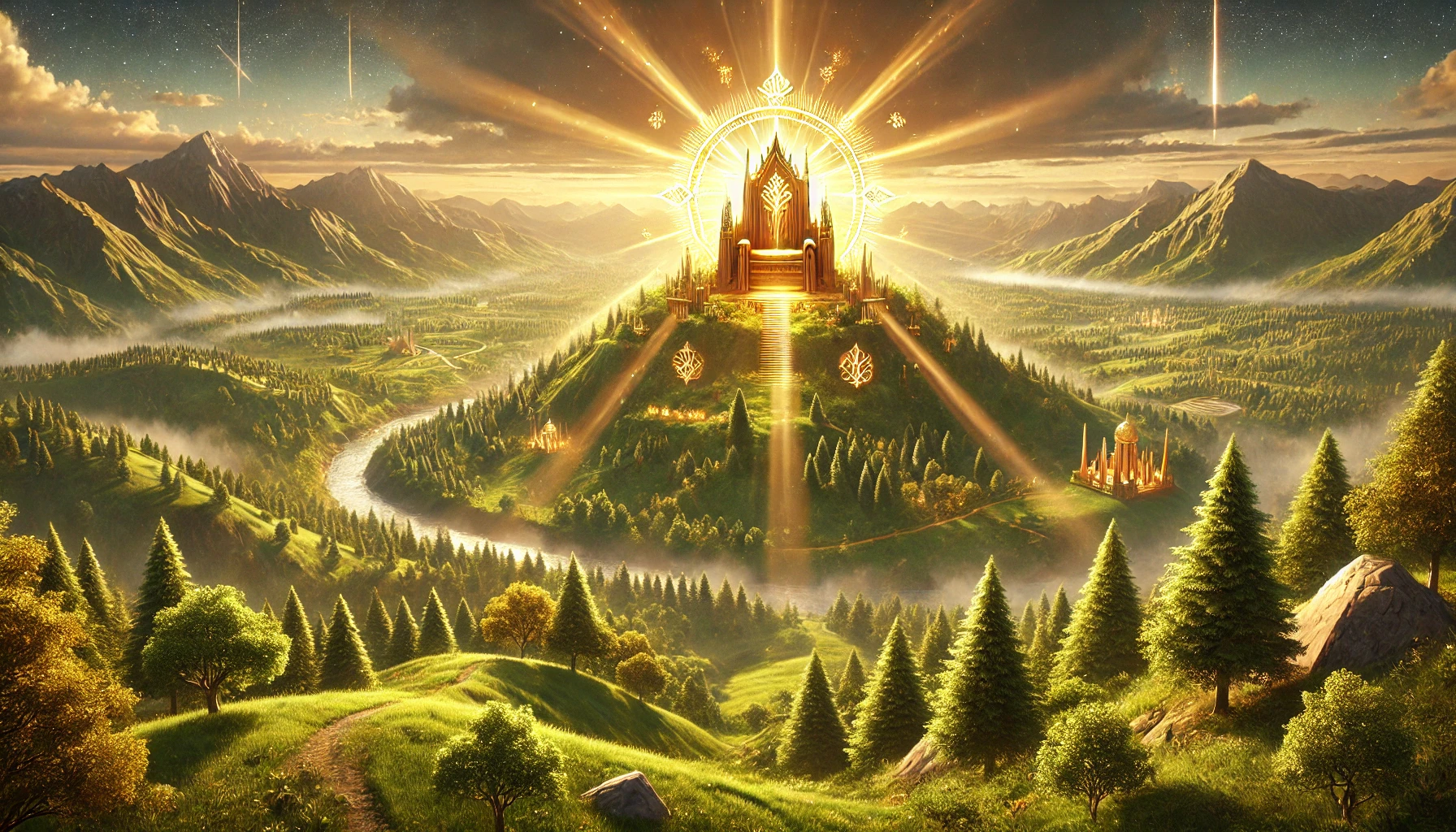 A peaceful, golden kingdom sits atop a hill, with a majestic throne glowing at its center.