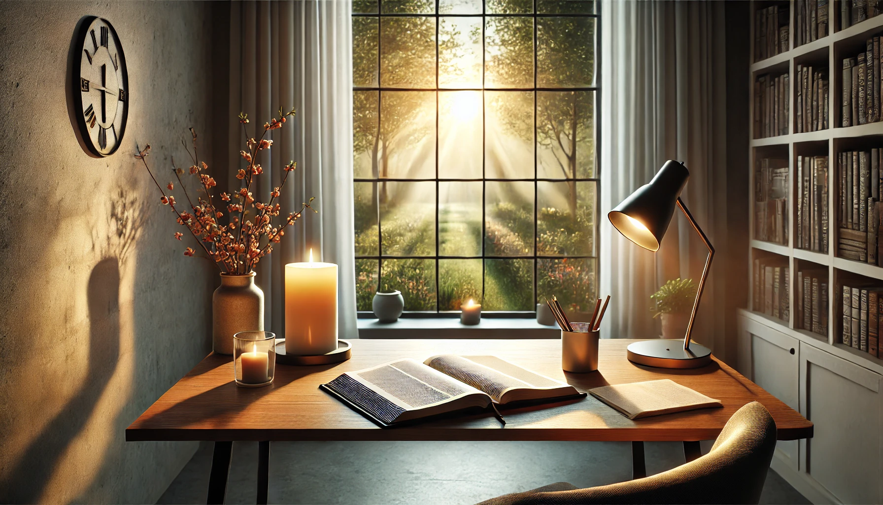 A peaceful interior scene of a modern home study area, featuring a desk with an open Bible and a lit candle.