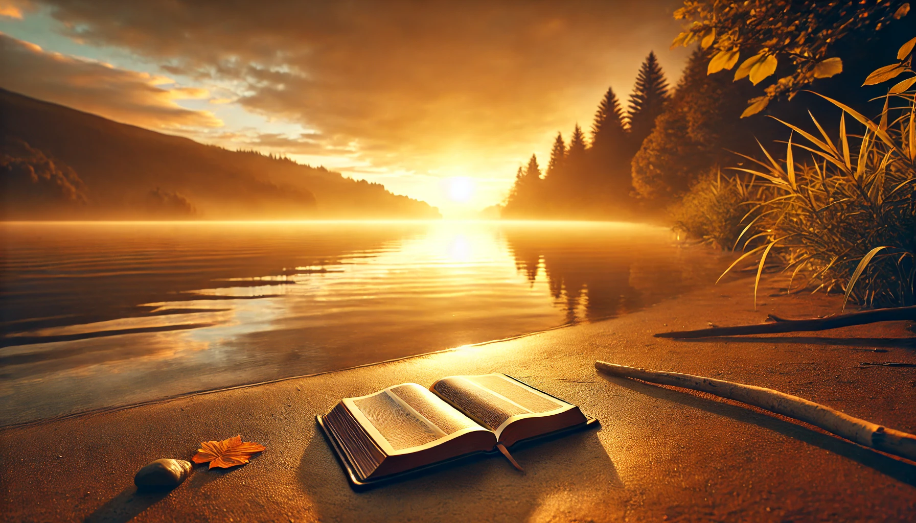 A peaceful lake at sunrise, with a single open Bible resting on the shore.