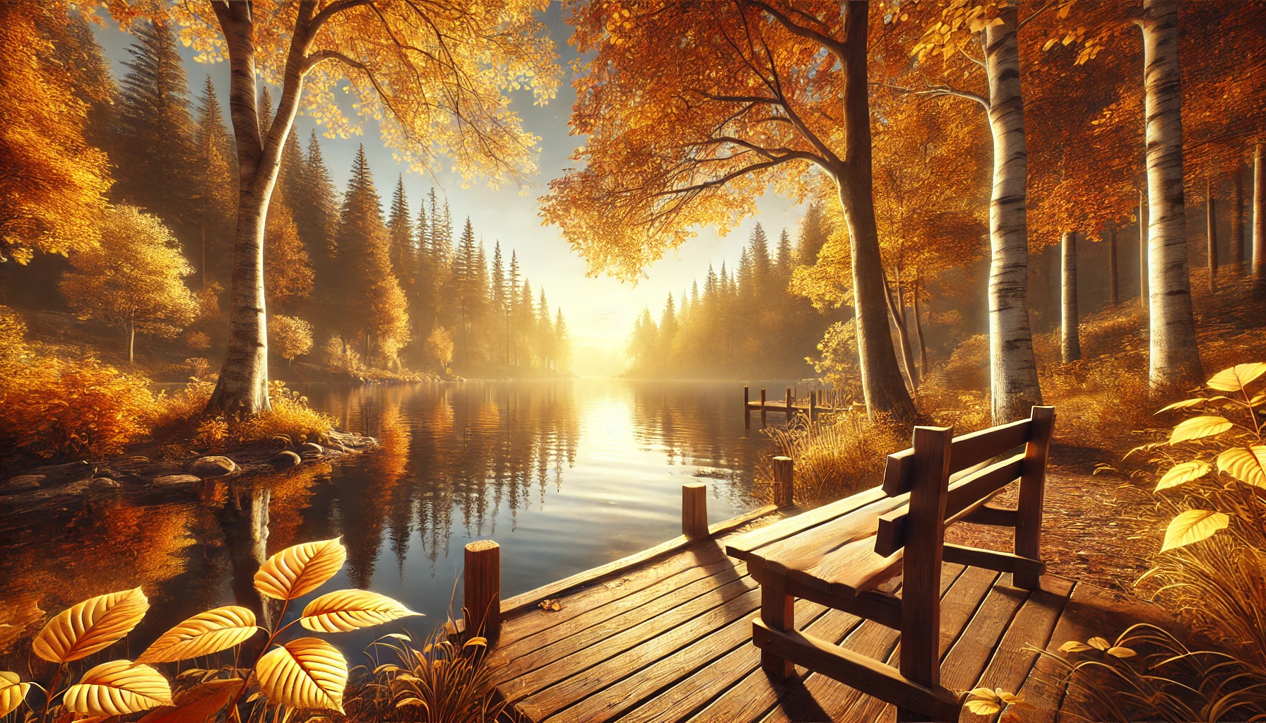 A peaceful lake surrounded by autumn trees with vibrant golden and orange leaves.