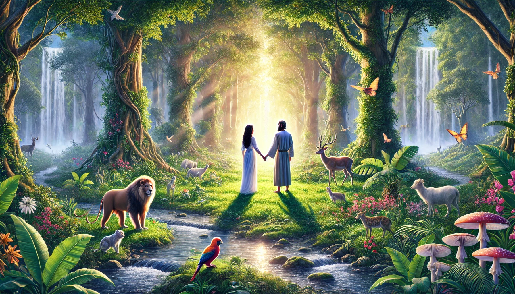 A peaceful natural setting with a diverse man and woman, representing humanity, standing together.