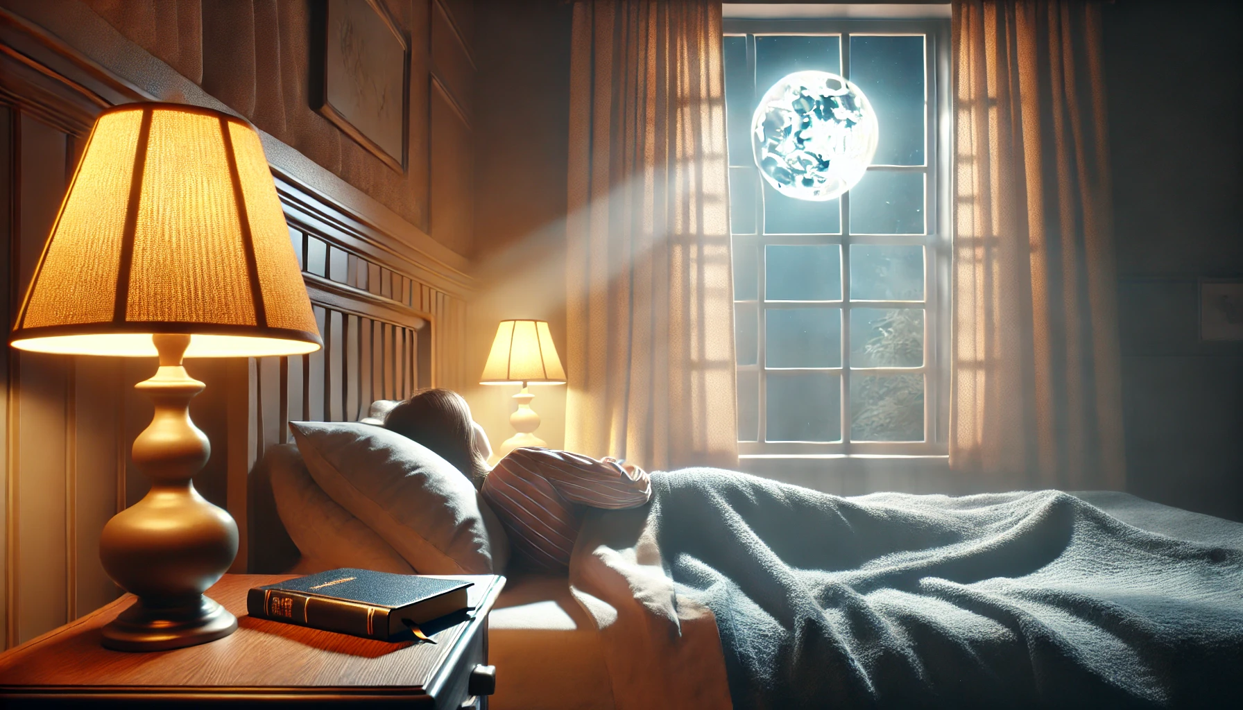 A peaceful nighttime scene showing a person lying in bed in a cozy room with moonlight streaming through the window.