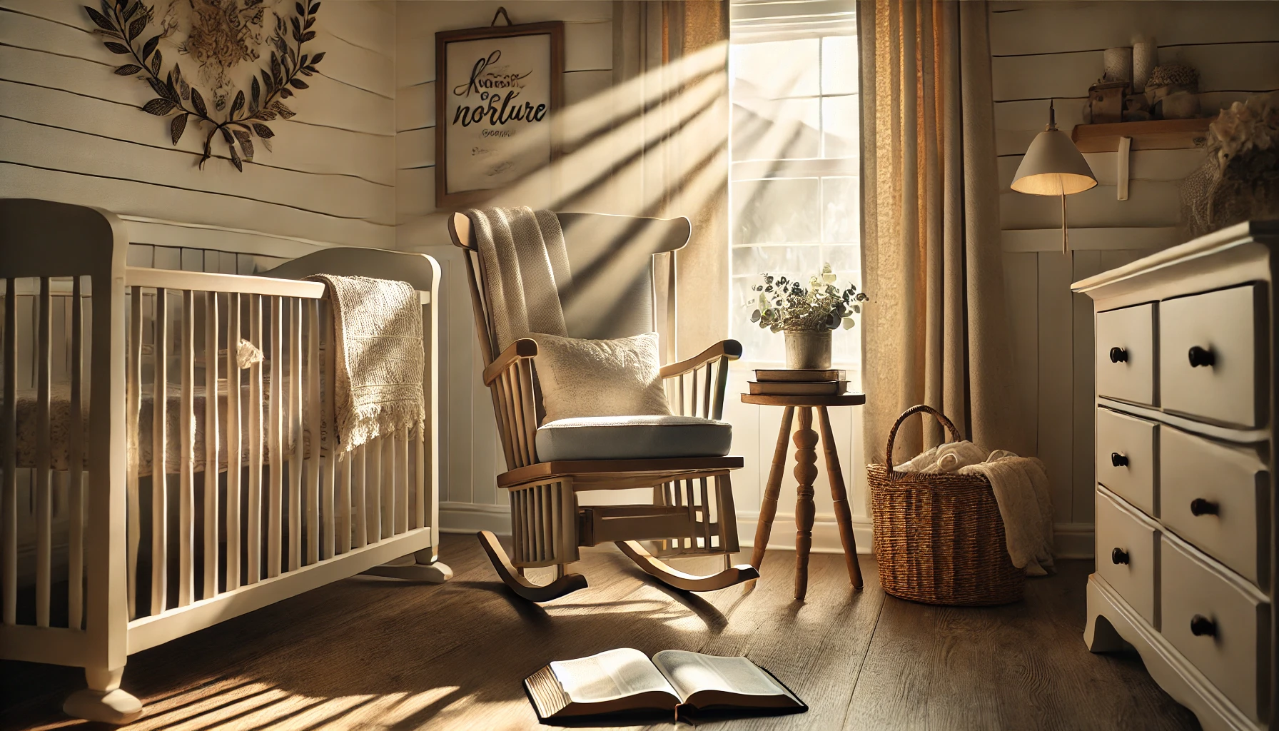 A peaceful nursery with soft sunlight illuminating a rocking chair, an open Bible resting on a side table, and a sense of longing and nurture.