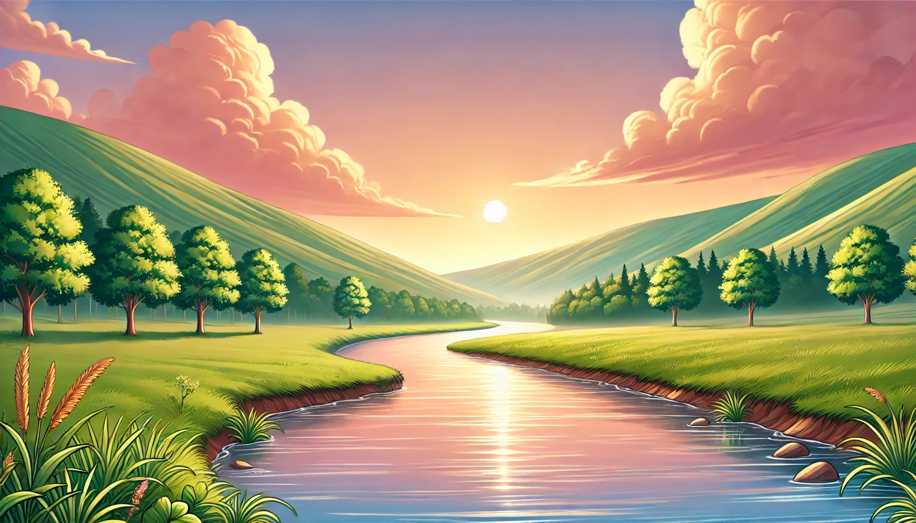 A peaceful river flowing through a green valley under a soft sunset sky.