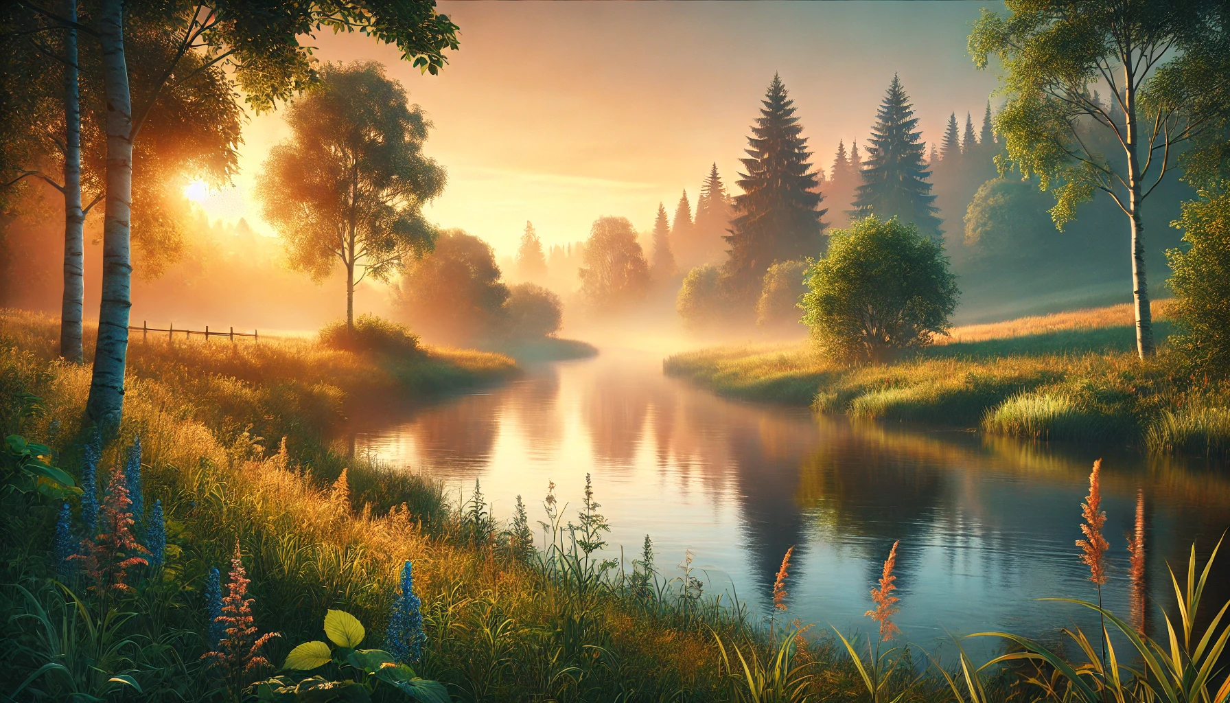 A peaceful riverside landscape at sunrise, with soft light illuminating calm water, tall trees, and lush grass.