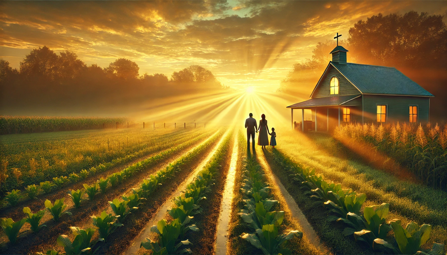 A peaceful rural farm scene at dawn, with golden sunlight streaming over a field of healthy crops and a family standing together in prayer near their 