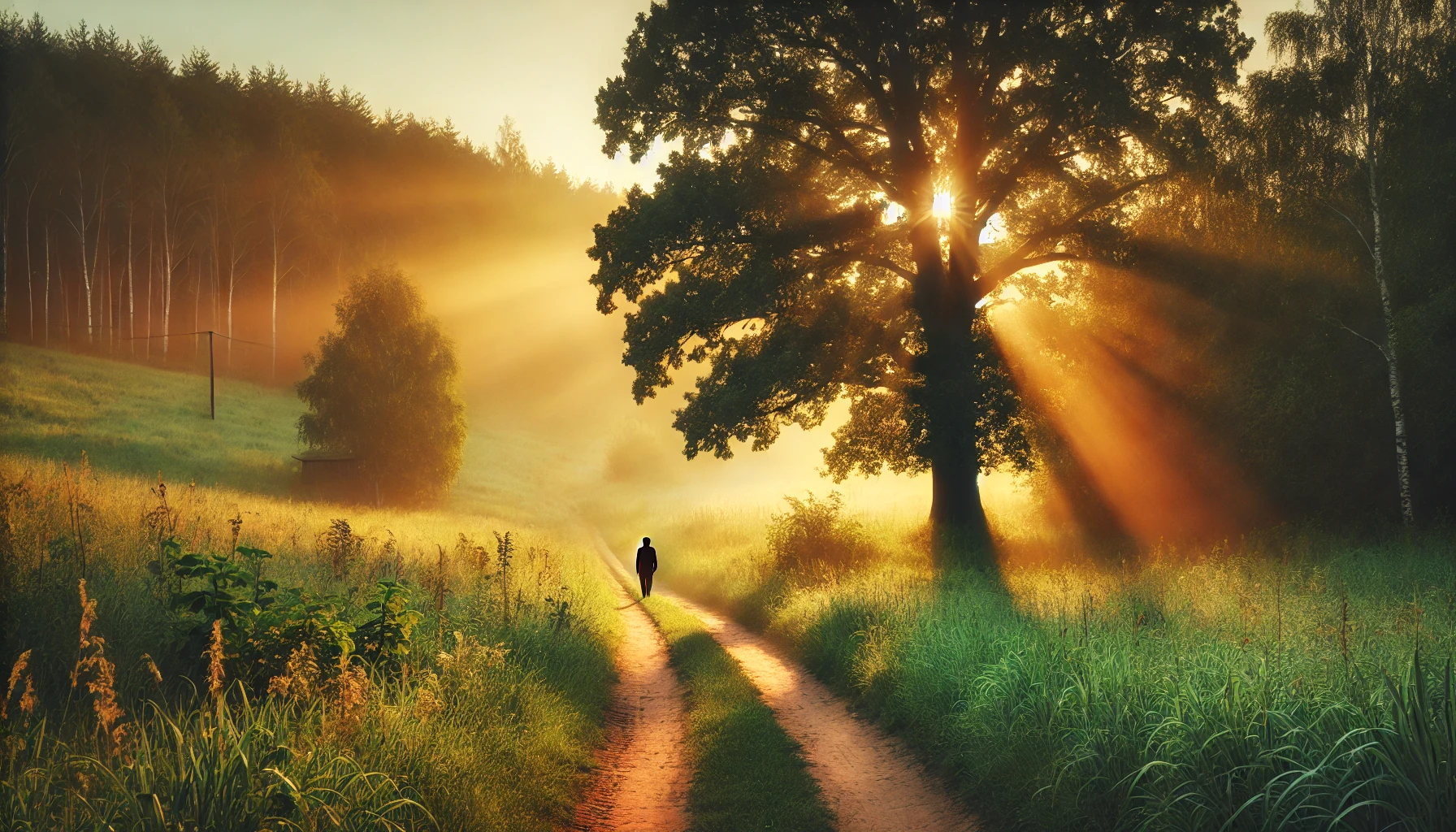 A peaceful rural scene showing a dirt path winding through a lush green meadow at sunrise. A solitary figure walks down the path toward a distant tree