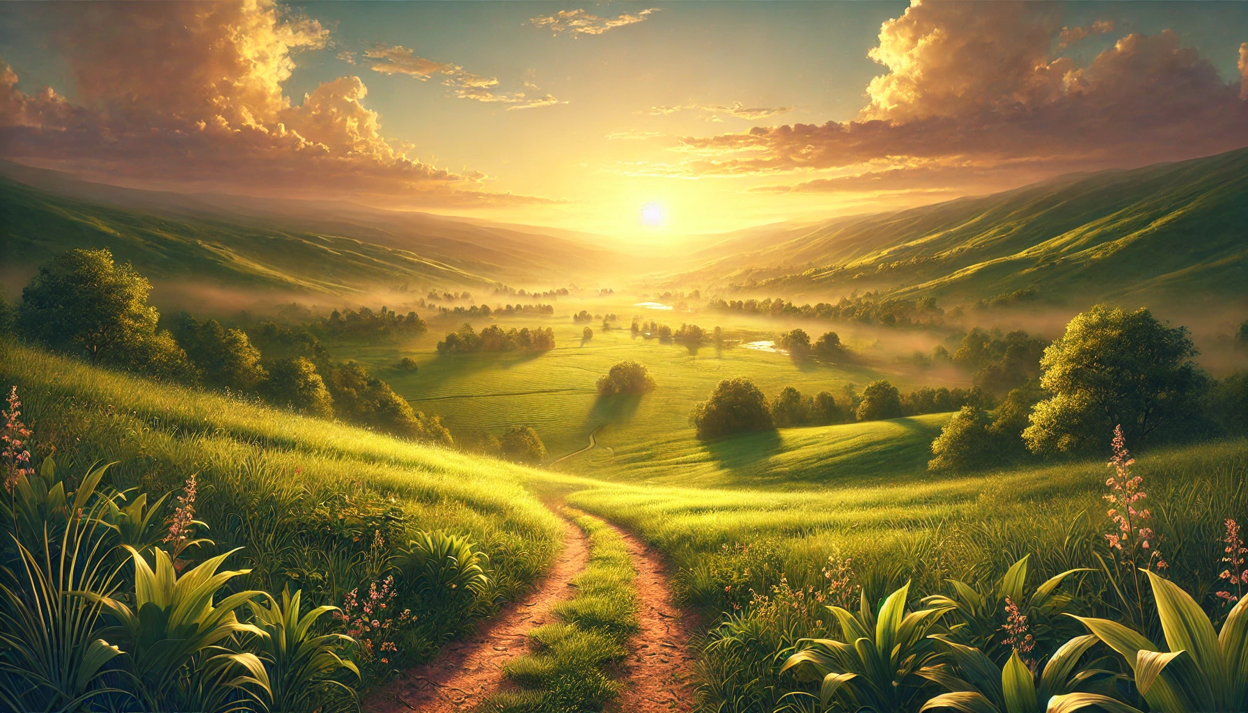 A peaceful sunrise over a lush, green valley.